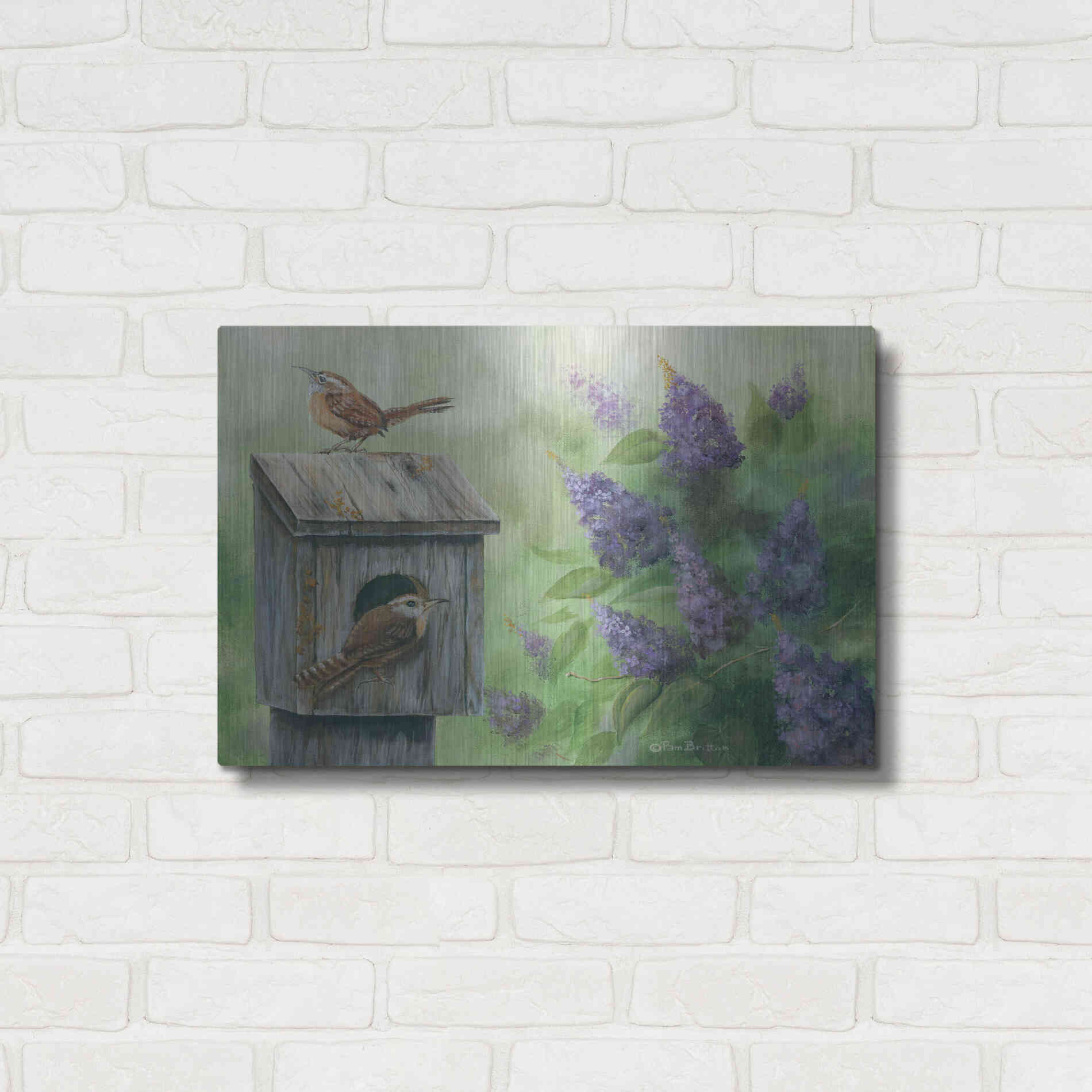 Luxe Metal Art 'Wrens & Lilacs' by Pam Britton, Metal Wall Art,24x16