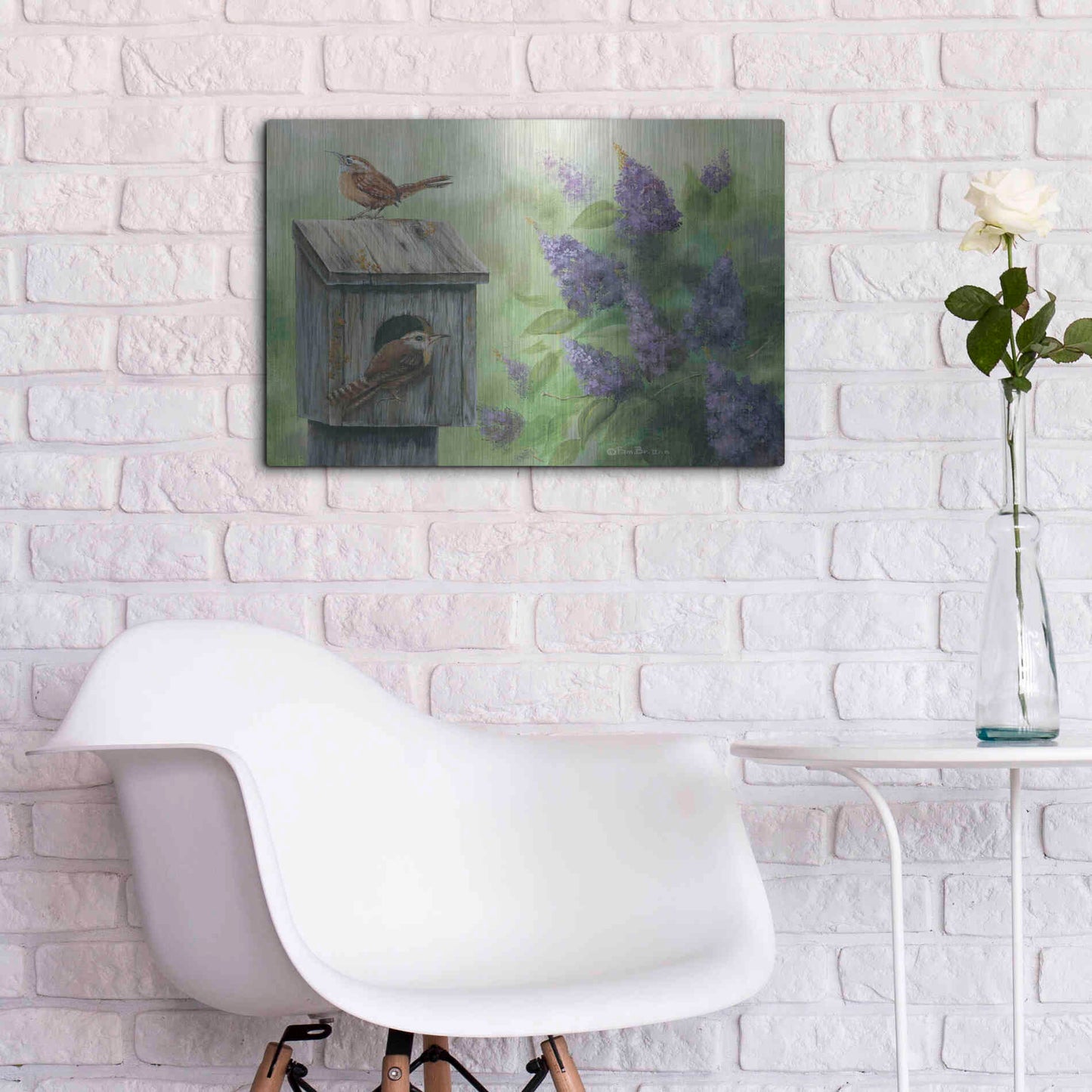 Luxe Metal Art 'Wrens & Lilacs' by Pam Britton, Metal Wall Art,24x16