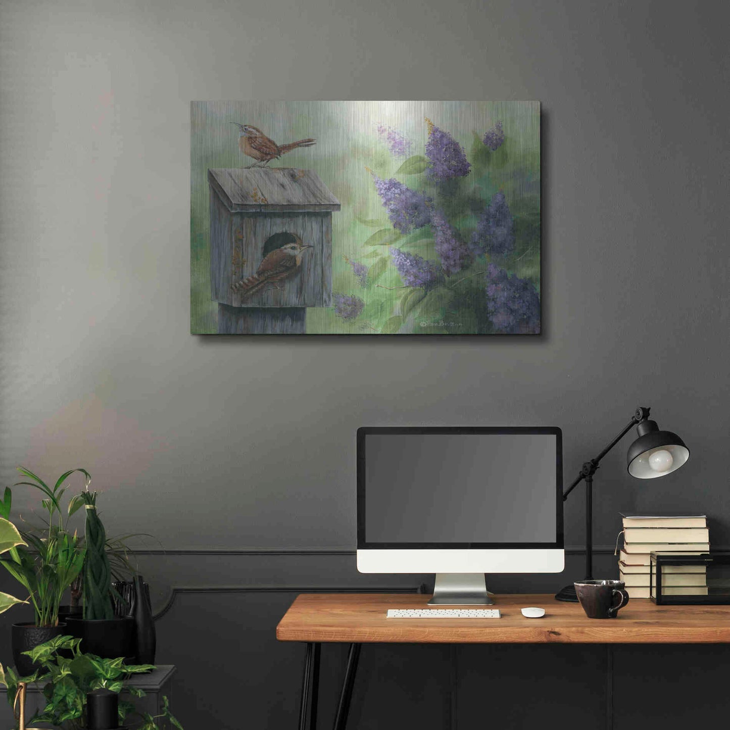 Luxe Metal Art 'Wrens & Lilacs' by Pam Britton, Metal Wall Art,36x24