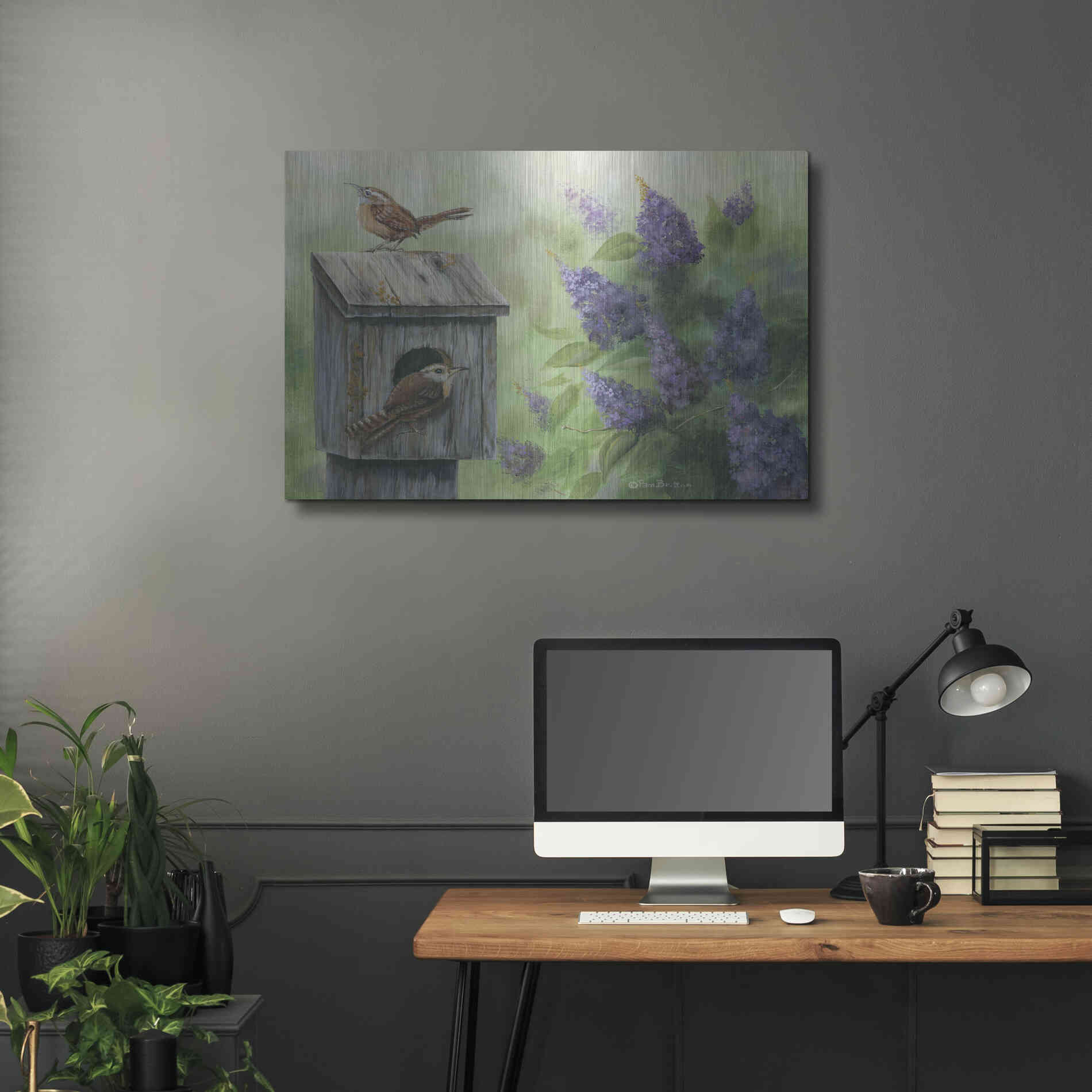Luxe Metal Art 'Wrens & Lilacs' by Pam Britton, Metal Wall Art,36x24