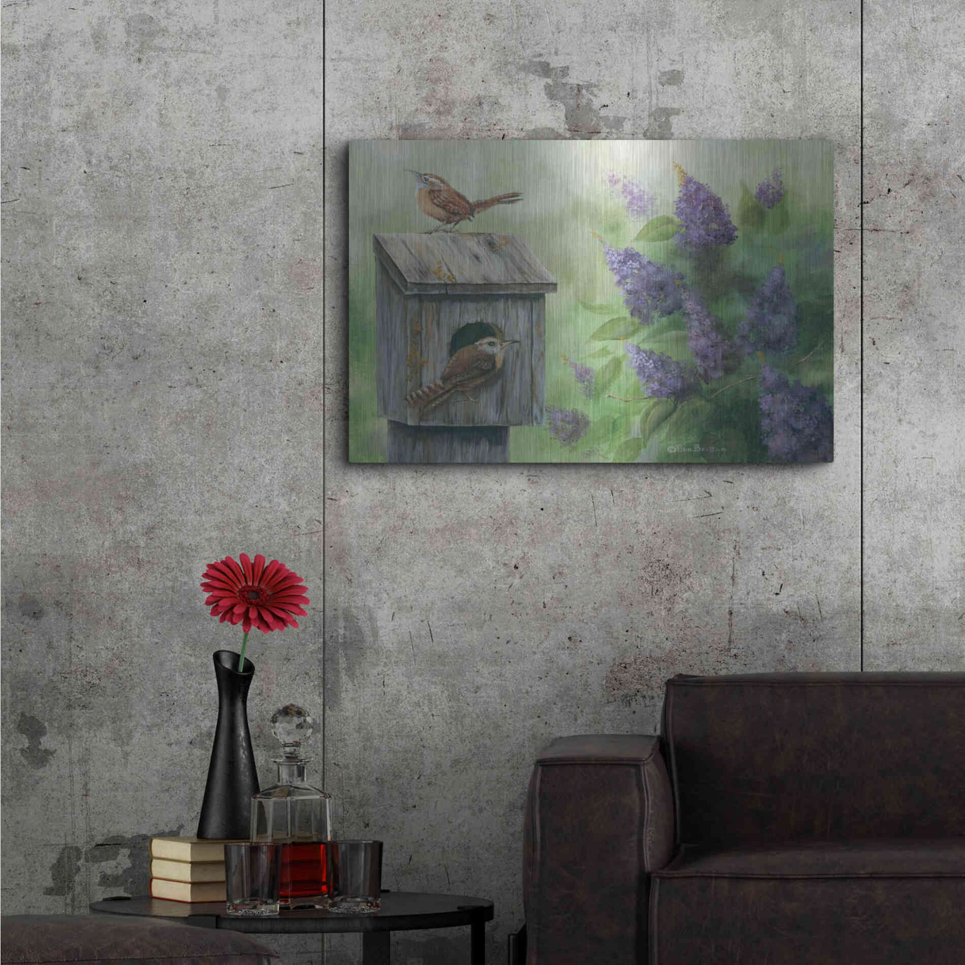 Luxe Metal Art 'Wrens & Lilacs' by Pam Britton, Metal Wall Art,36x24