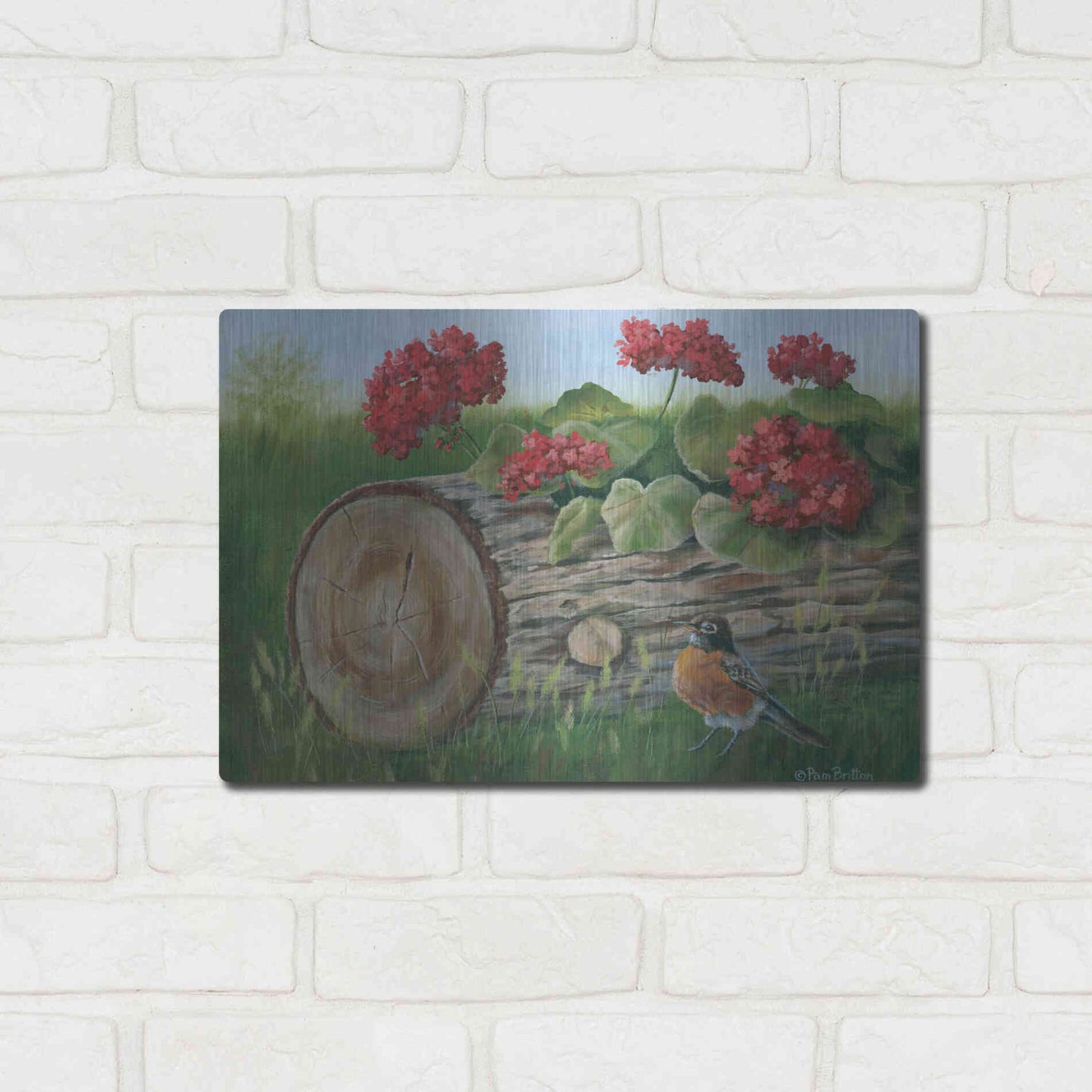 Luxe Metal Art 'Robin & Germaniums' by Pam Britton, Metal Wall Art,16x12