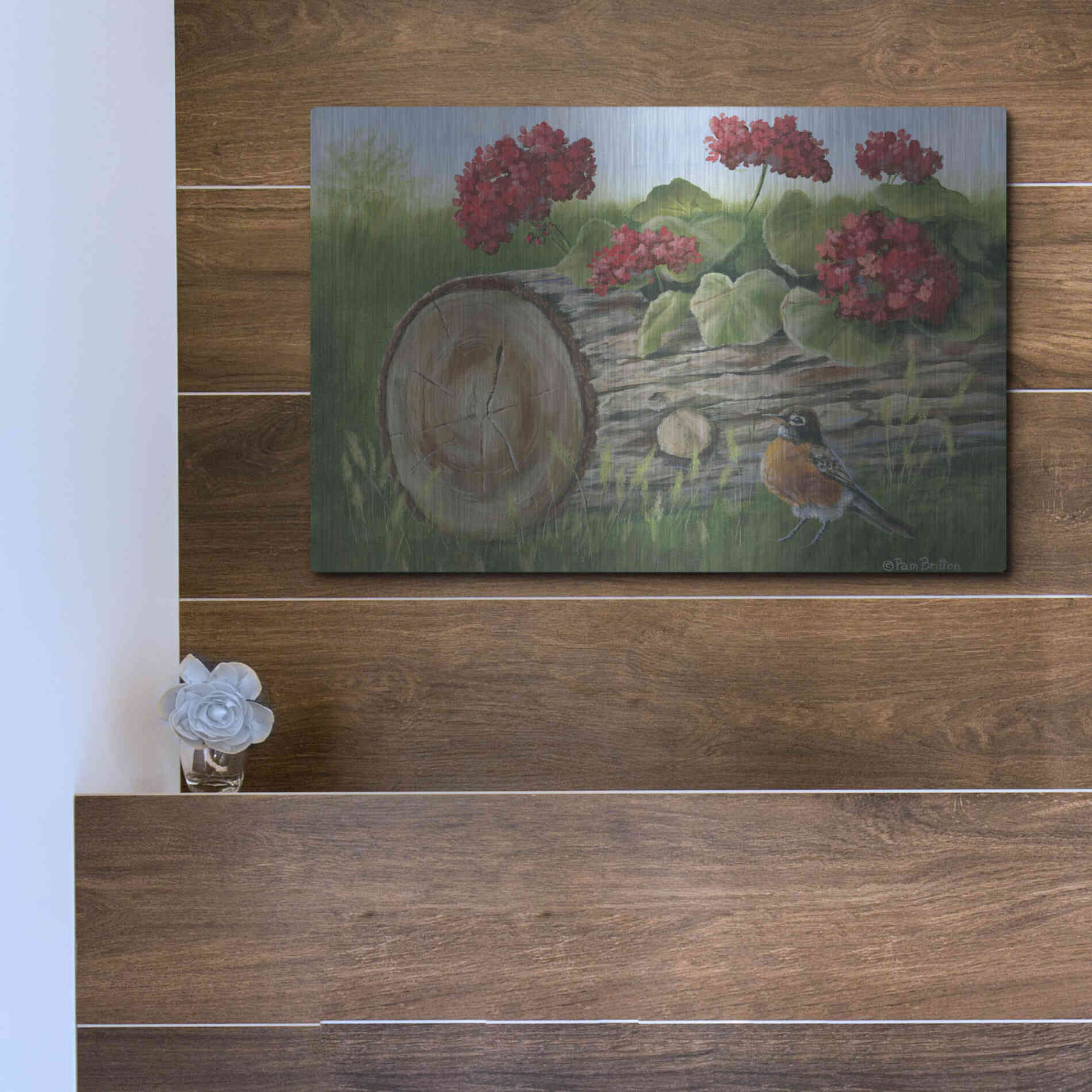 Luxe Metal Art 'Robin & Germaniums' by Pam Britton, Metal Wall Art,16x12