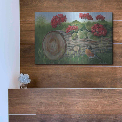 Luxe Metal Art 'Robin & Germaniums' by Pam Britton, Metal Wall Art,16x12