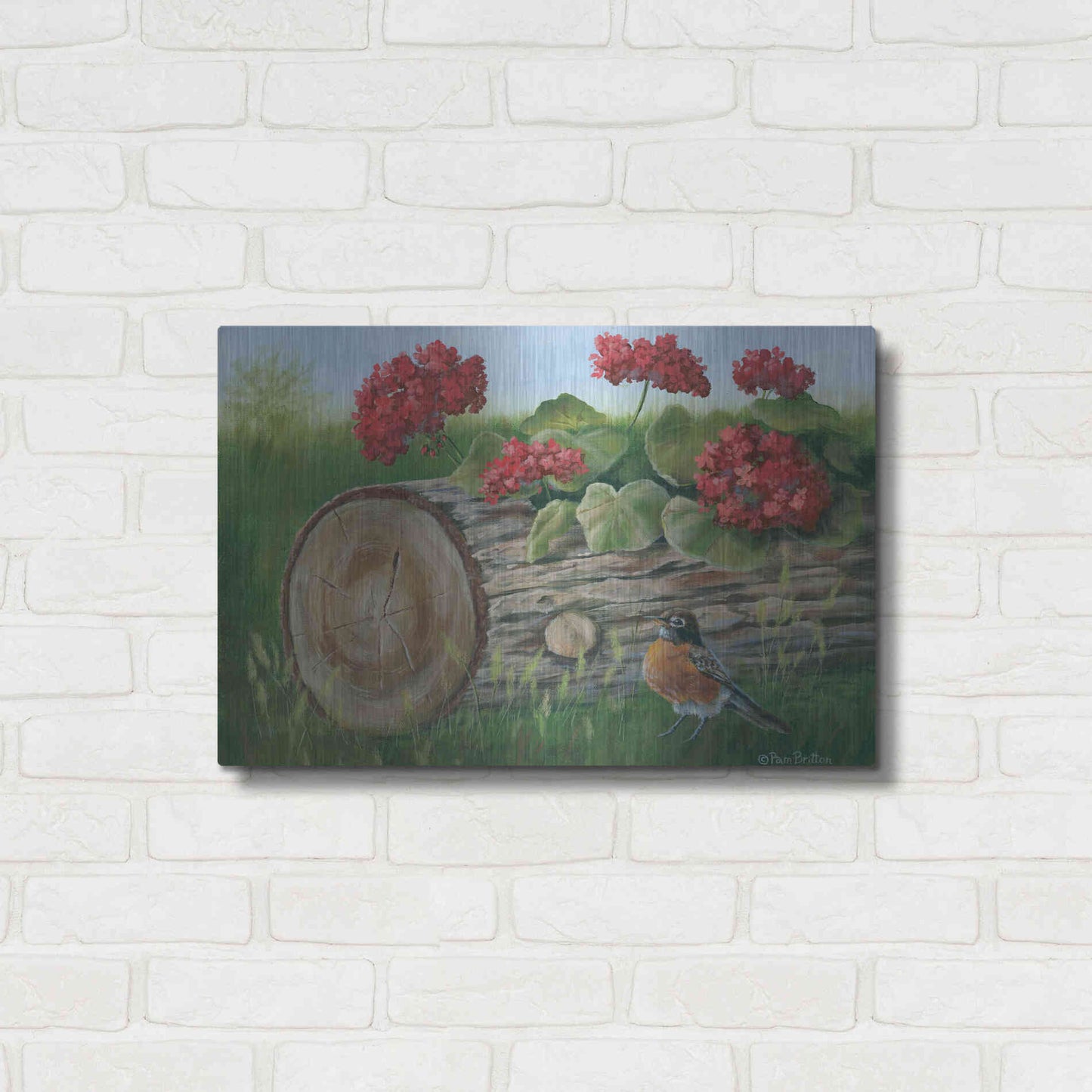 Luxe Metal Art 'Robin & Germaniums' by Pam Britton, Metal Wall Art,24x16