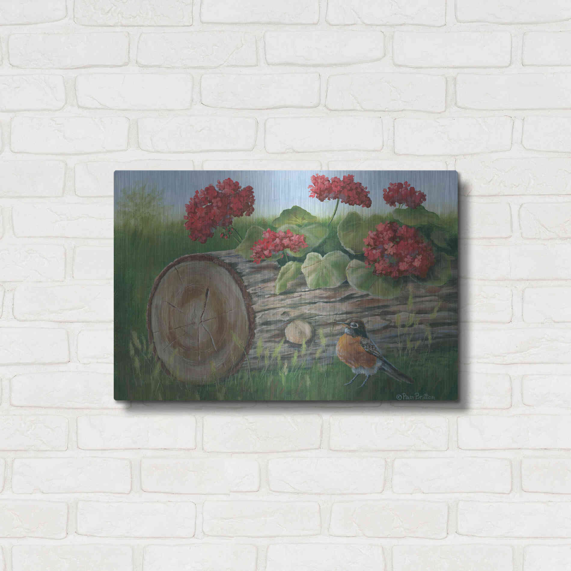 Luxe Metal Art 'Robin & Germaniums' by Pam Britton, Metal Wall Art,24x16