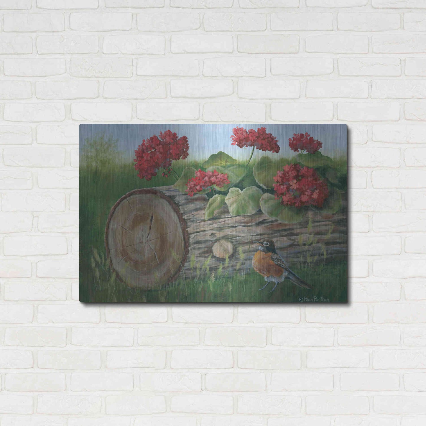 Luxe Metal Art 'Robin & Germaniums' by Pam Britton, Metal Wall Art,36x24