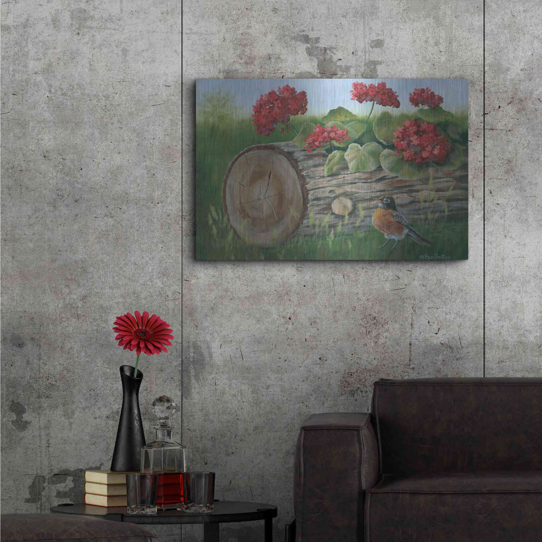 Luxe Metal Art 'Robin & Germaniums' by Pam Britton, Metal Wall Art,36x24