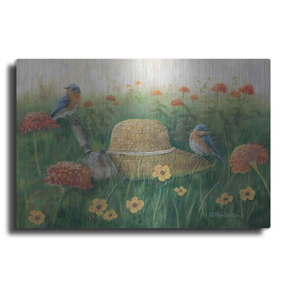 Luxe Metal Art 'Bluebirds & Straw Hat' by Pam Britton, Metal Wall Art