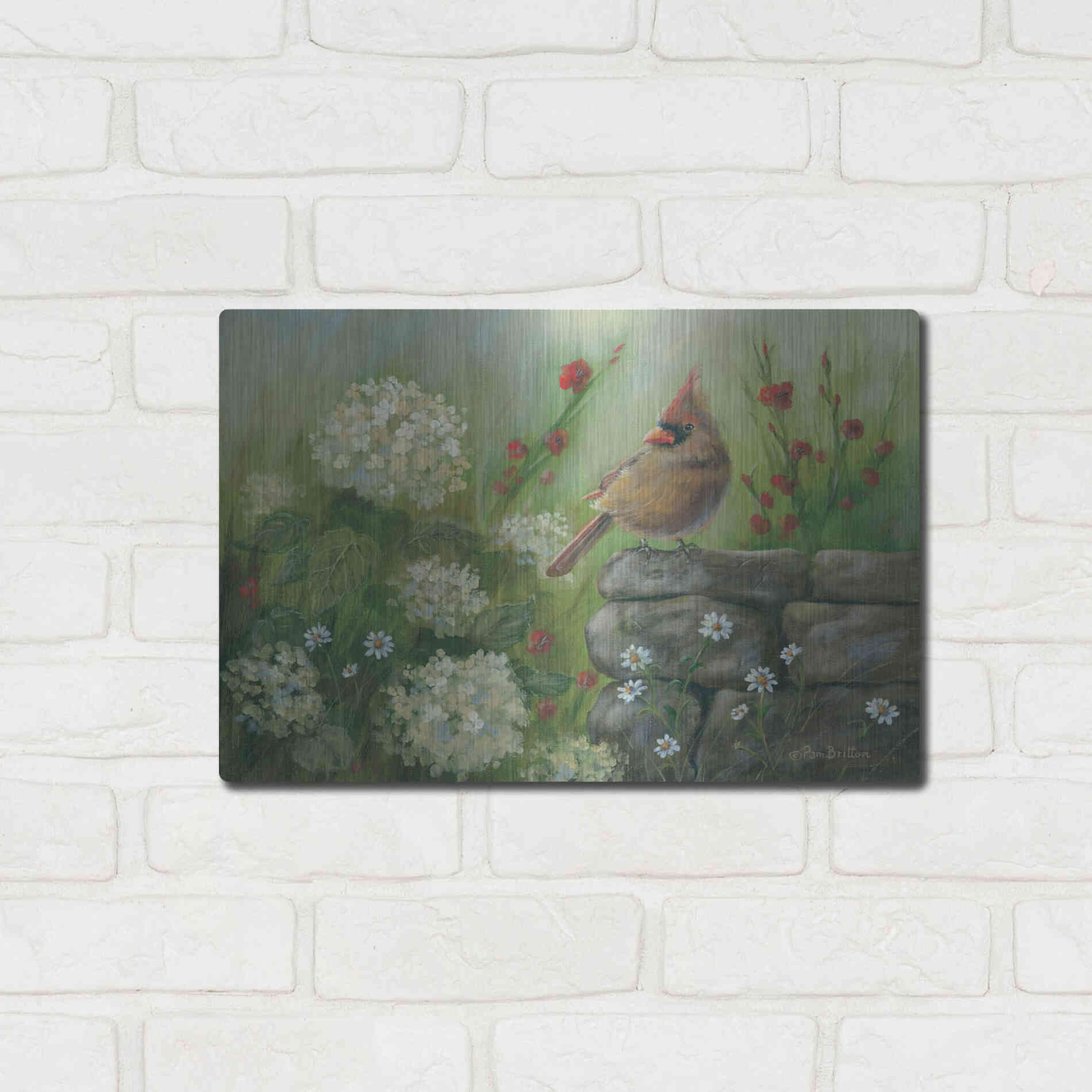 Luxe Metal Art 'Cardinal & Hydrangeas' by Pam Britton, Metal Wall Art,16x12