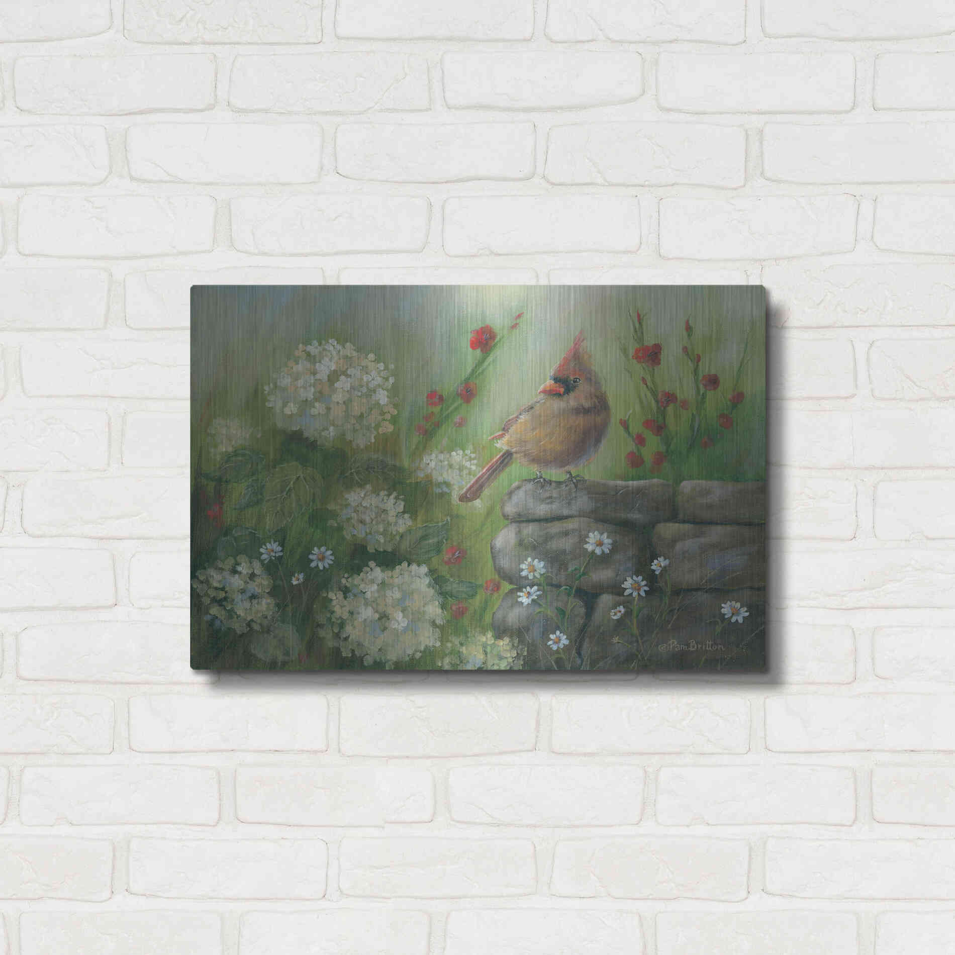 Luxe Metal Art 'Cardinal & Hydrangeas' by Pam Britton, Metal Wall Art,24x16