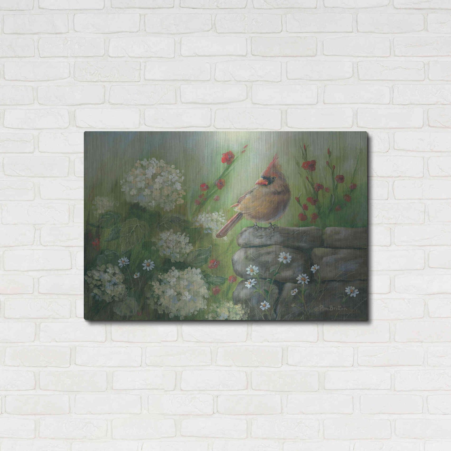 Luxe Metal Art 'Cardinal & Hydrangeas' by Pam Britton, Metal Wall Art,36x24