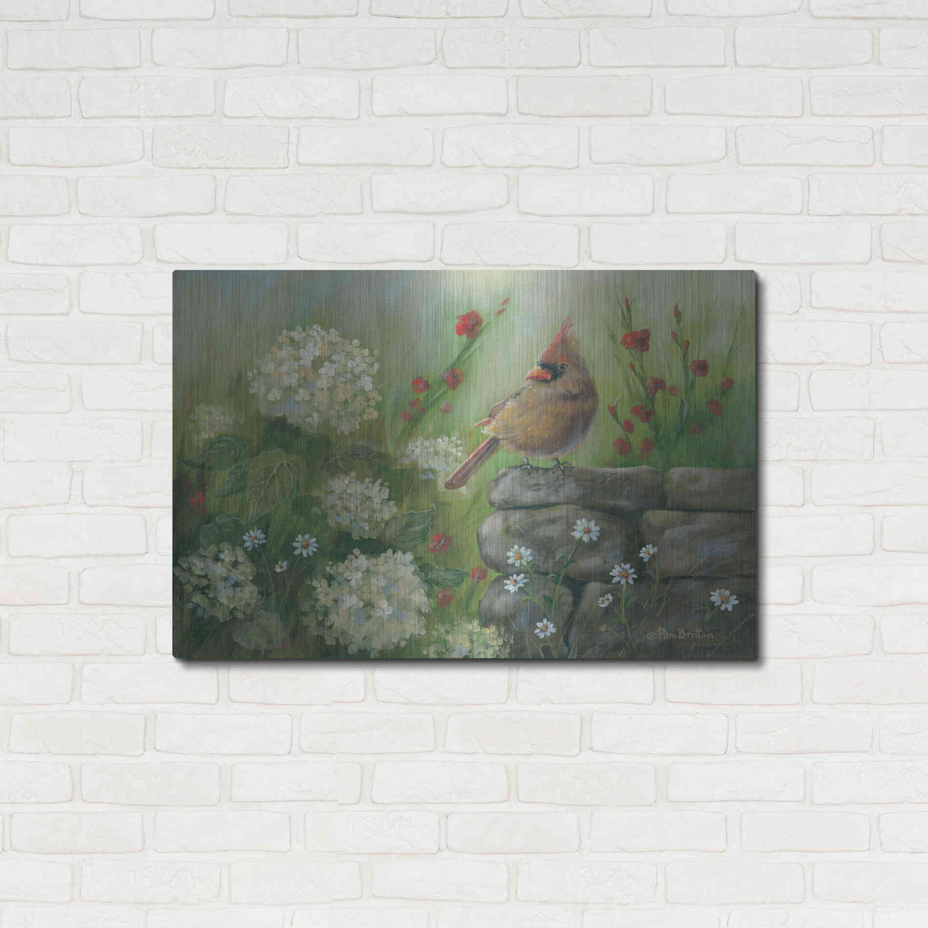 Luxe Metal Art 'Cardinal & Hydrangeas' by Pam Britton, Metal Wall Art,36x24