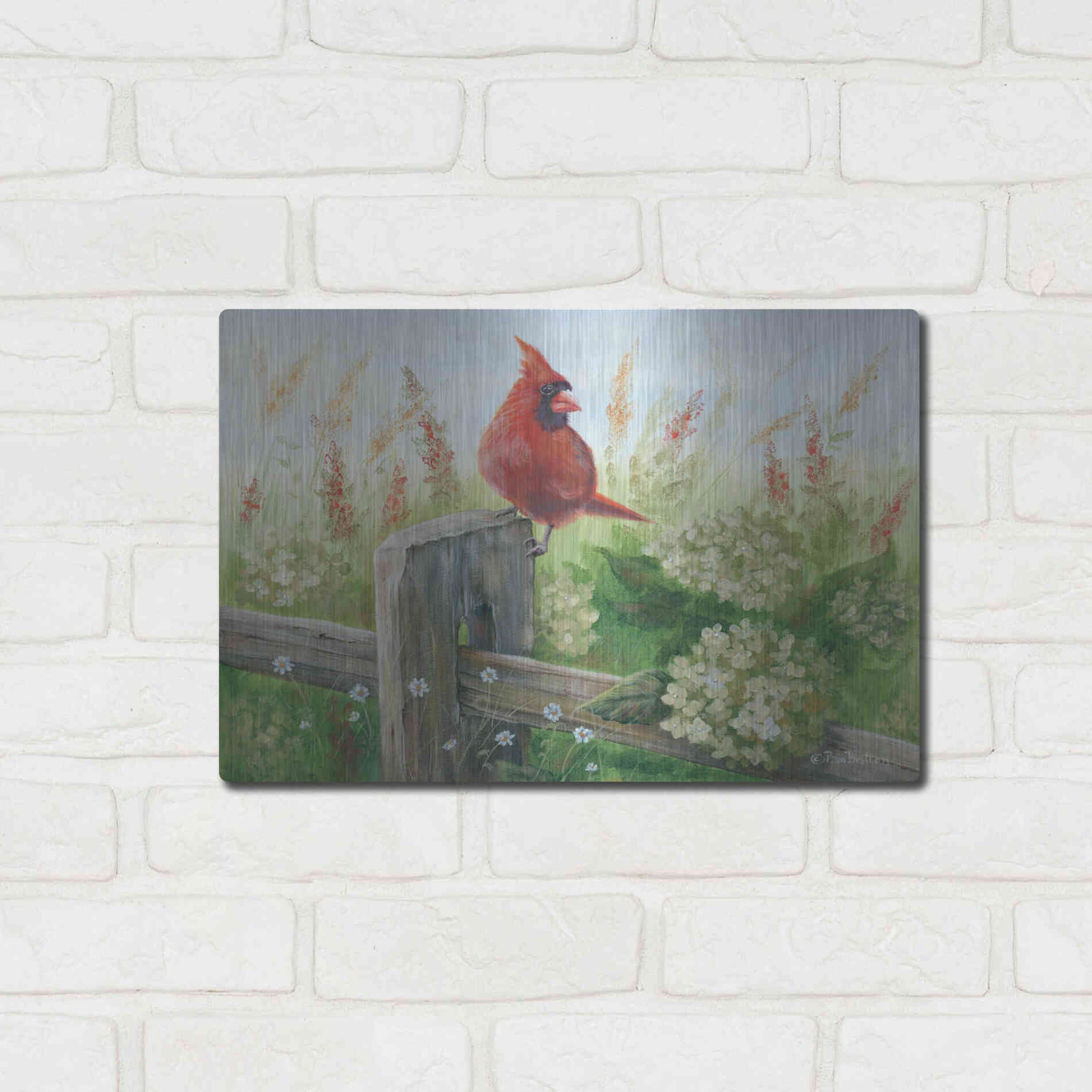 Luxe Metal Art 'Cardinal on Fence' by Pam Britton, Metal Wall Art,16x12