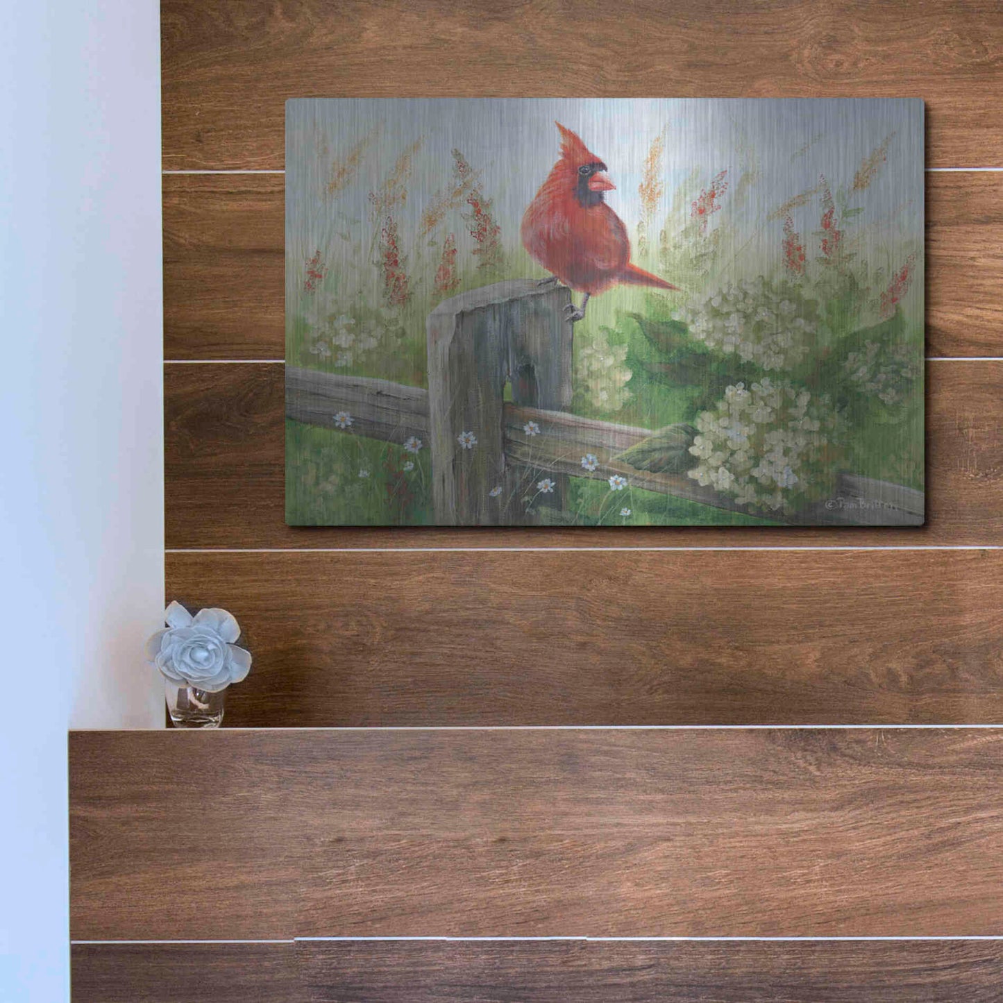 Luxe Metal Art 'Cardinal on Fence' by Pam Britton, Metal Wall Art,16x12