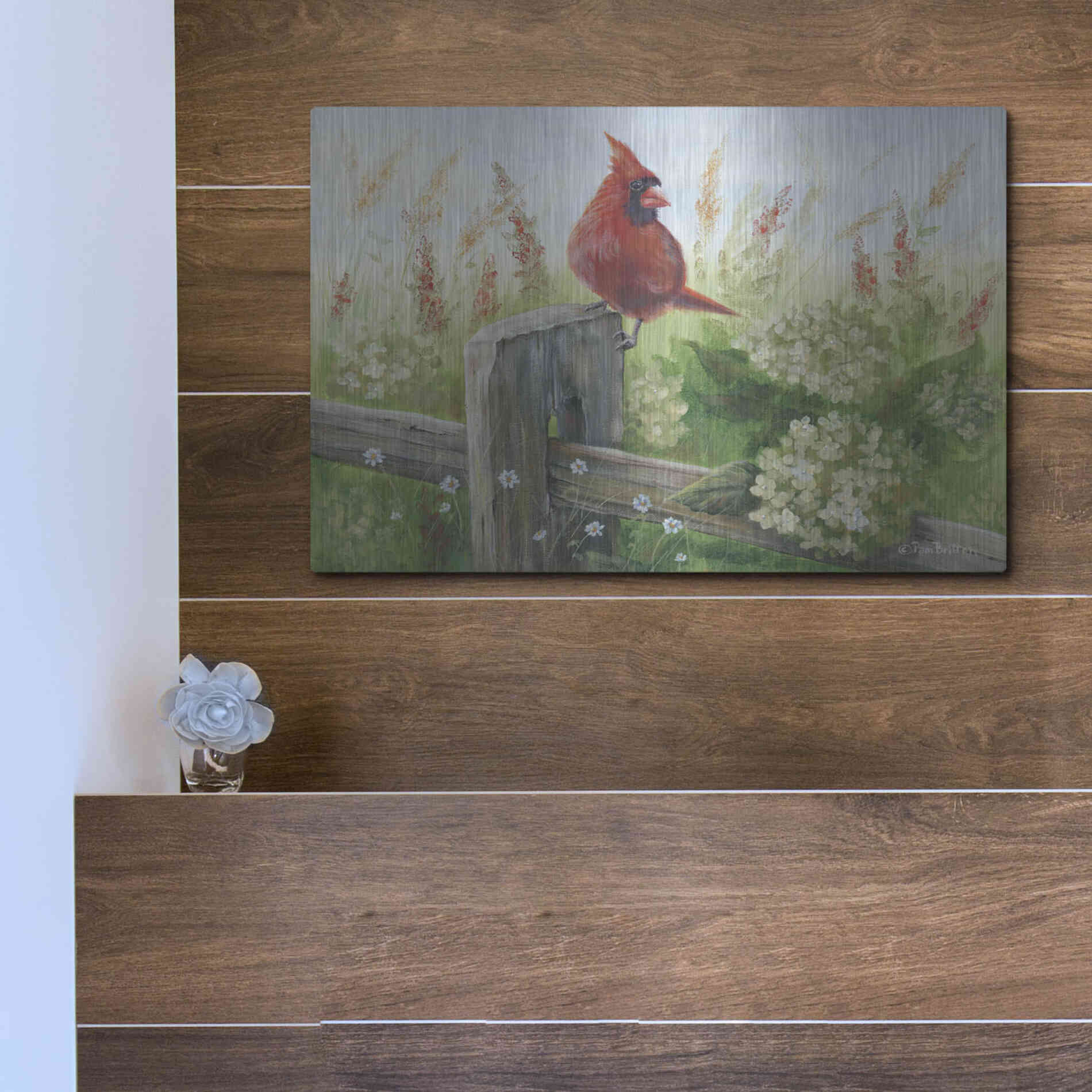 Luxe Metal Art 'Cardinal on Fence' by Pam Britton, Metal Wall Art,16x12