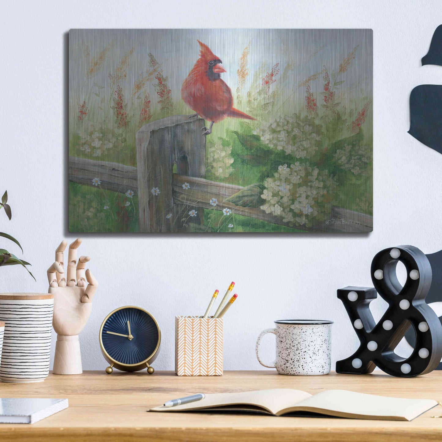 Luxe Metal Art 'Cardinal on Fence' by Pam Britton, Metal Wall Art,16x12