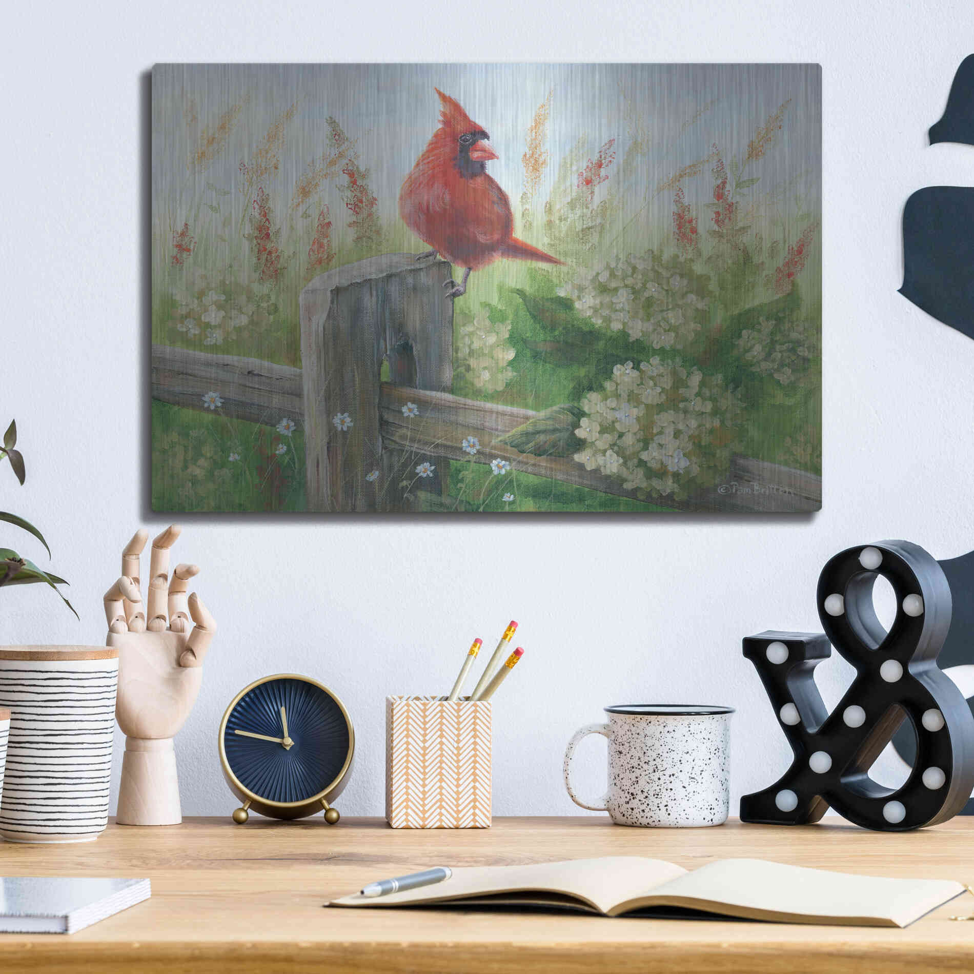 Luxe Metal Art 'Cardinal on Fence' by Pam Britton, Metal Wall Art,16x12