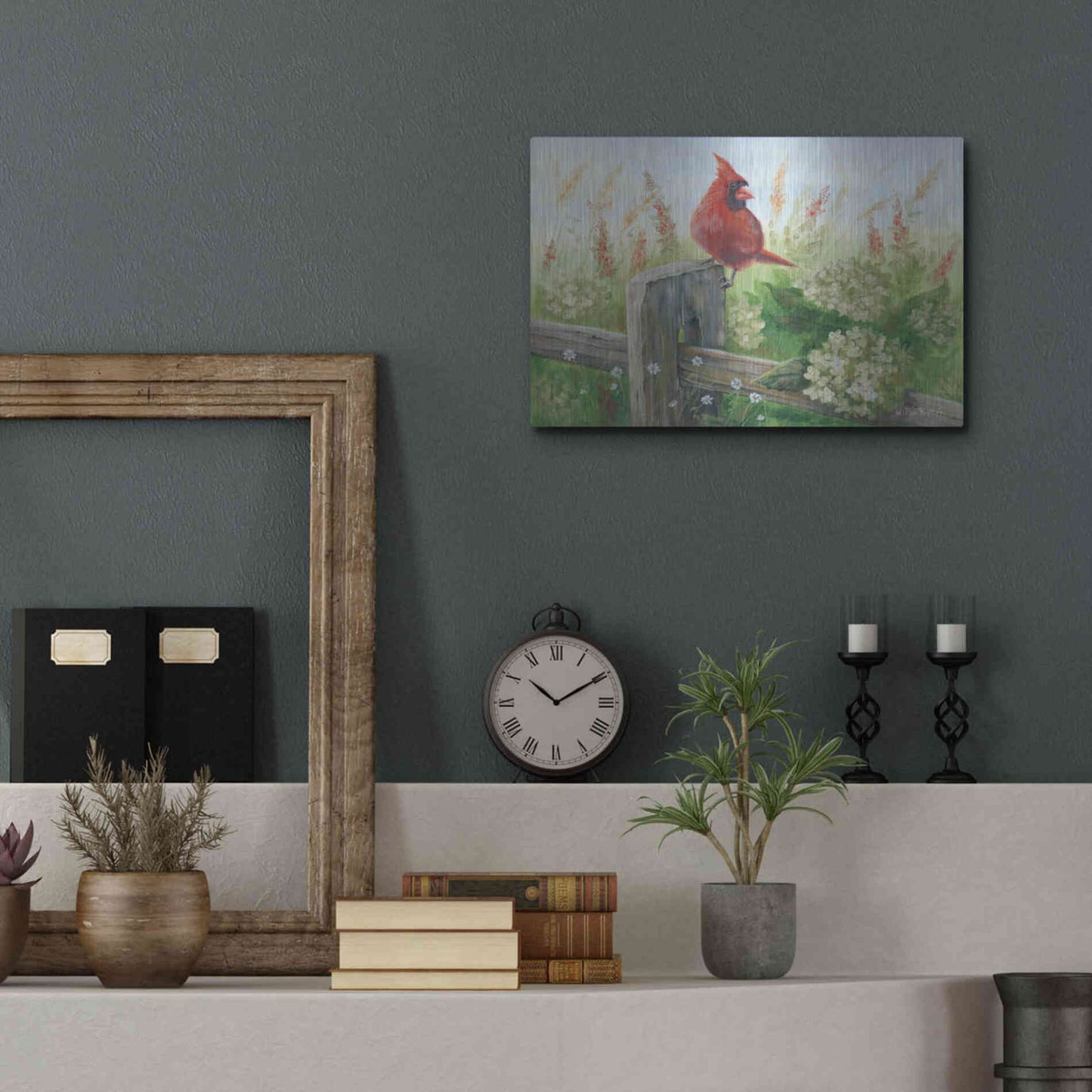 Luxe Metal Art 'Cardinal on Fence' by Pam Britton, Metal Wall Art,16x12