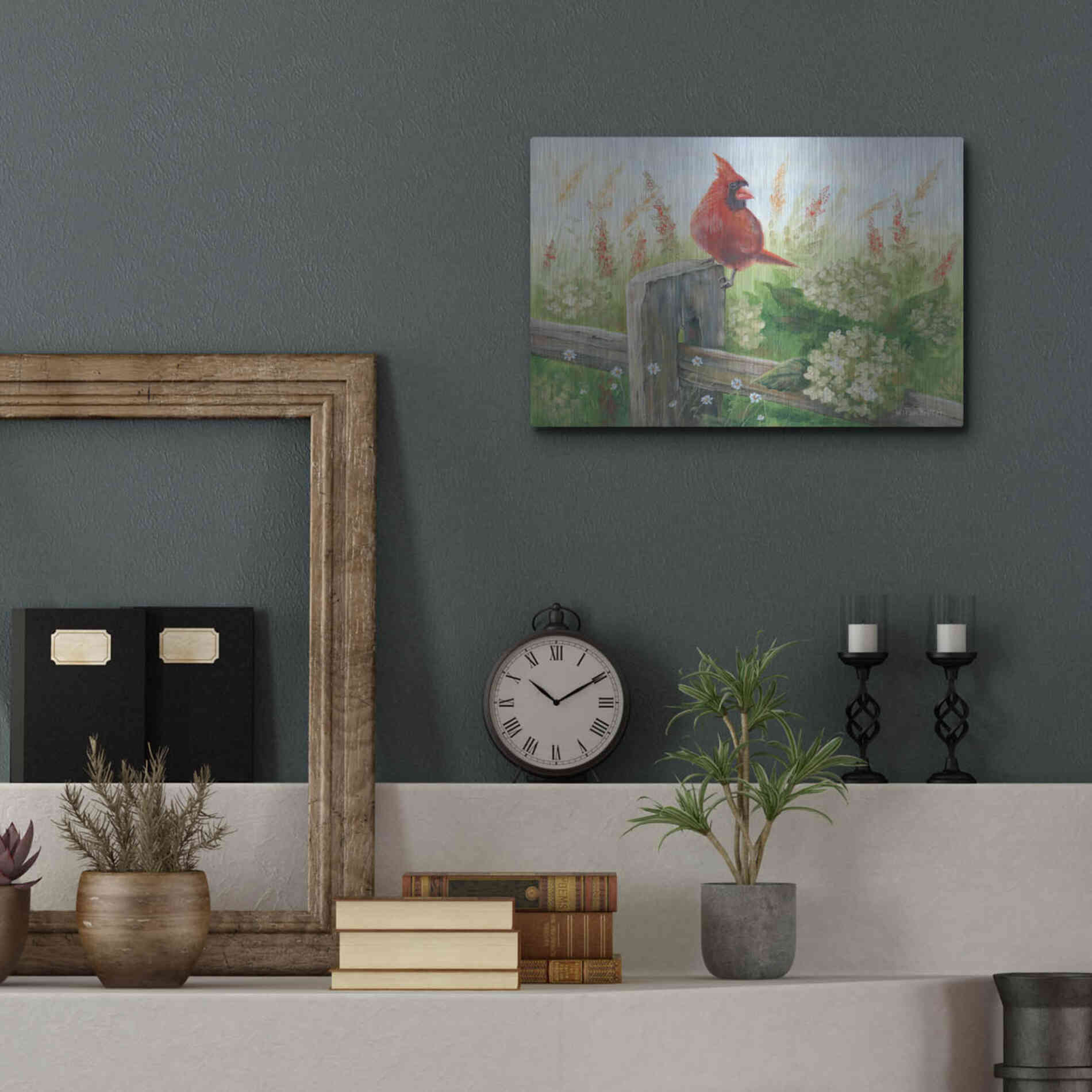 Luxe Metal Art 'Cardinal on Fence' by Pam Britton, Metal Wall Art,16x12