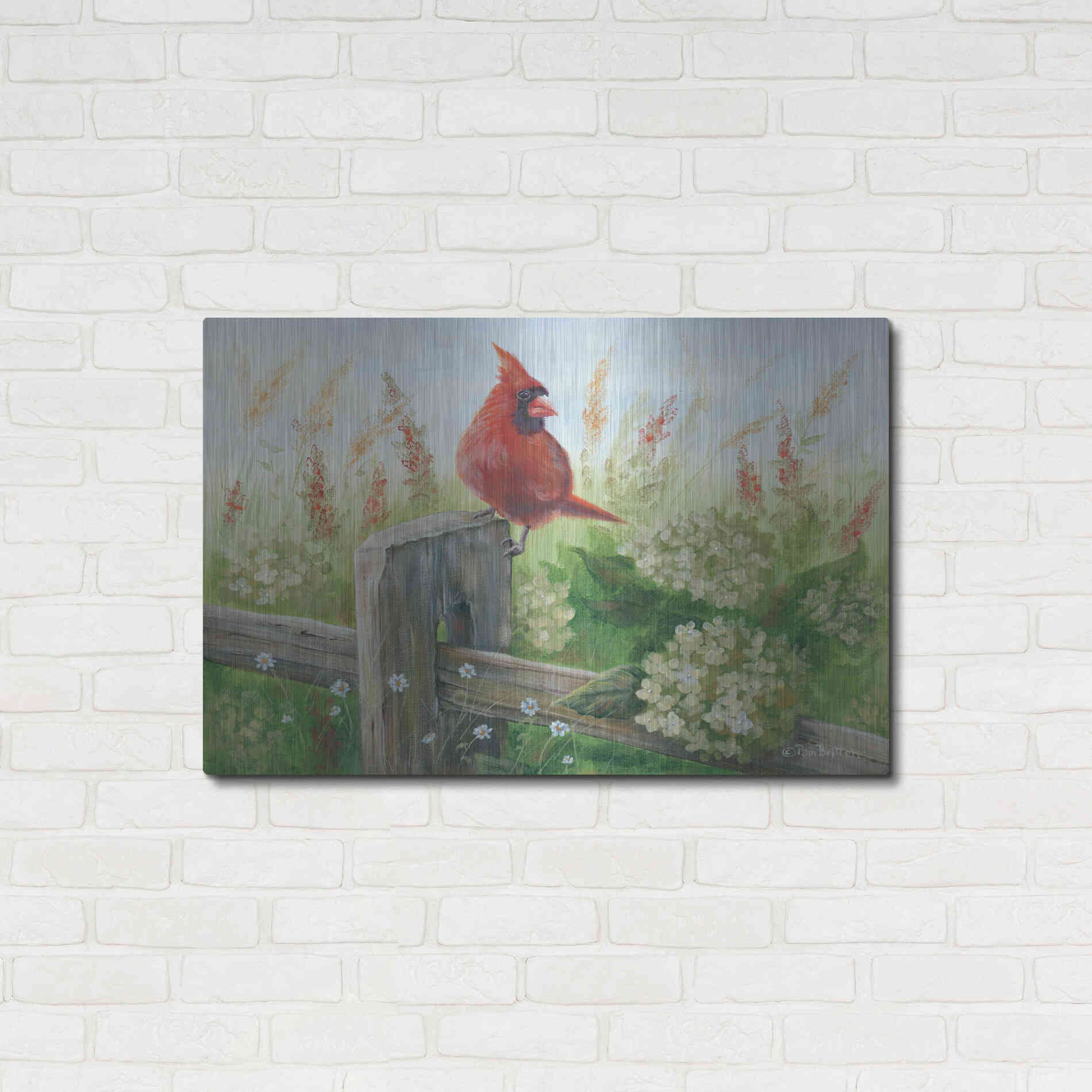 Luxe Metal Art 'Cardinal on Fence' by Pam Britton, Metal Wall Art,36x24