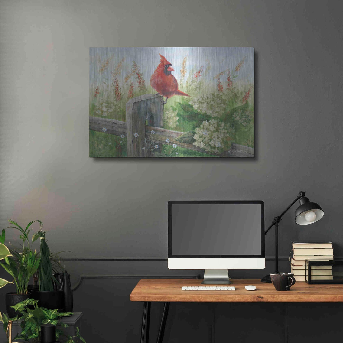 Luxe Metal Art 'Cardinal on Fence' by Pam Britton, Metal Wall Art,36x24