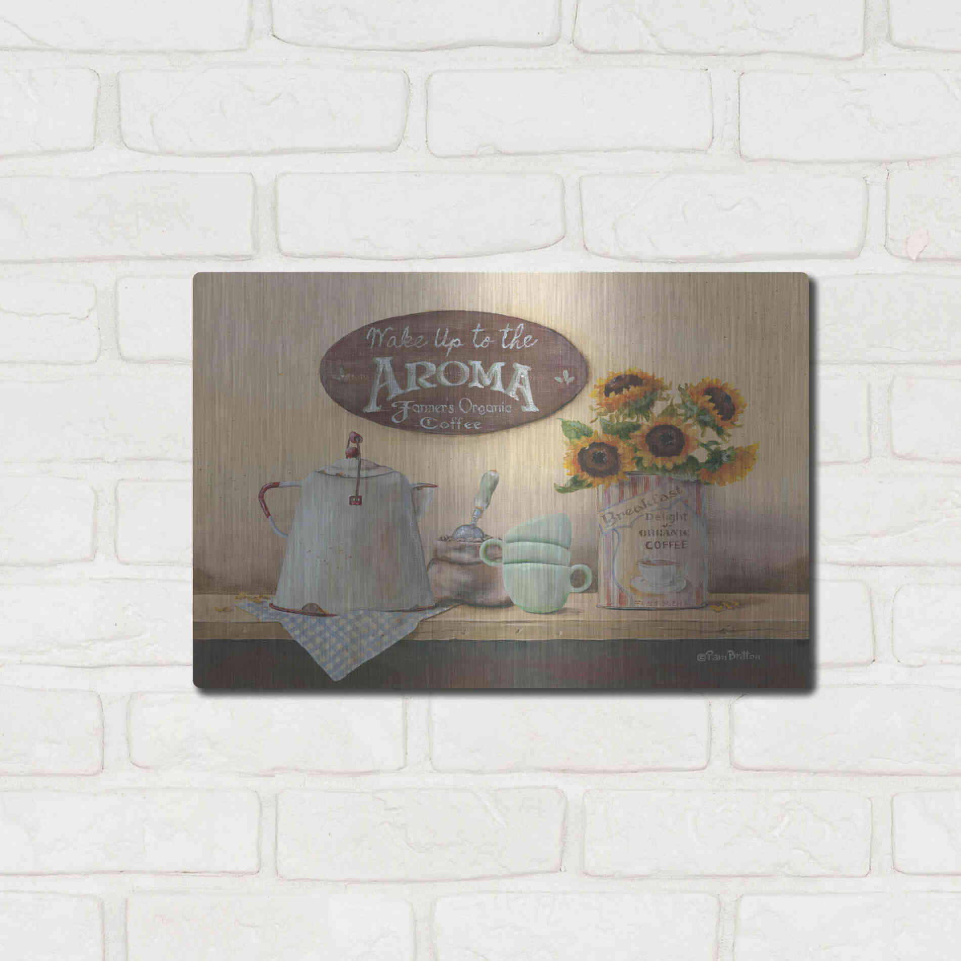 Luxe Metal Art 'Wake Up to the Aroma' by Pam Britton, Metal Wall Art,16x12