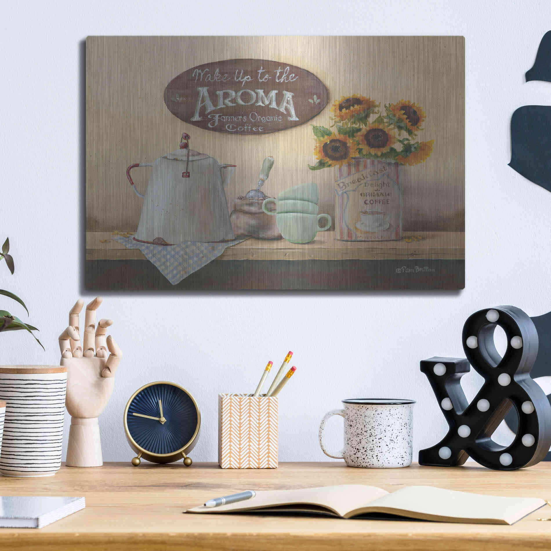 Luxe Metal Art 'Wake Up to the Aroma' by Pam Britton, Metal Wall Art,16x12