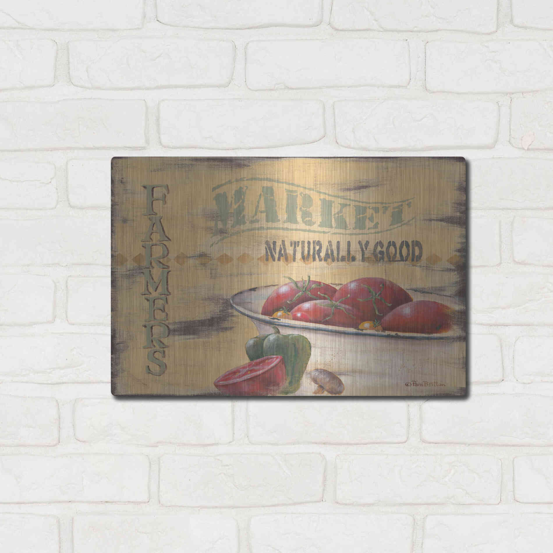 Luxe Metal Art 'Farmer's Market, Naturally Good' by Pam Britton, Metal Wall Art,16x12