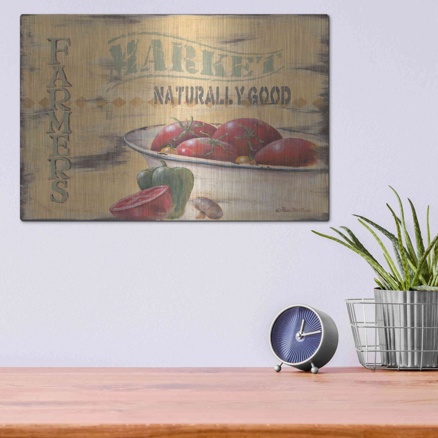 Luxe Metal Art 'Farmer's Market, Naturally Good' by Pam Britton, Metal Wall Art,16x12