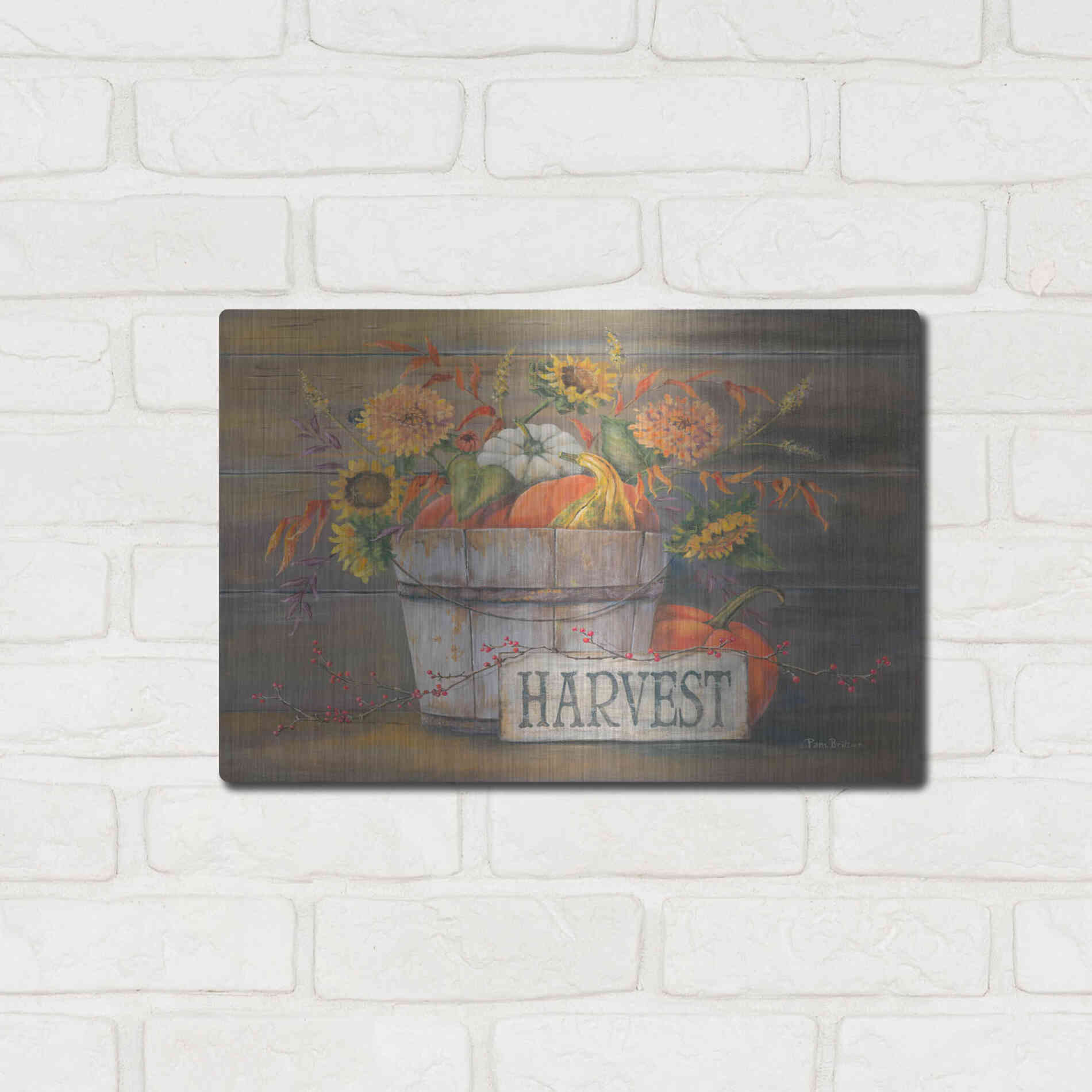 Luxe Metal Art 'Fall Harvest Bucket' by Pam Britton, Metal Wall Art,16x12