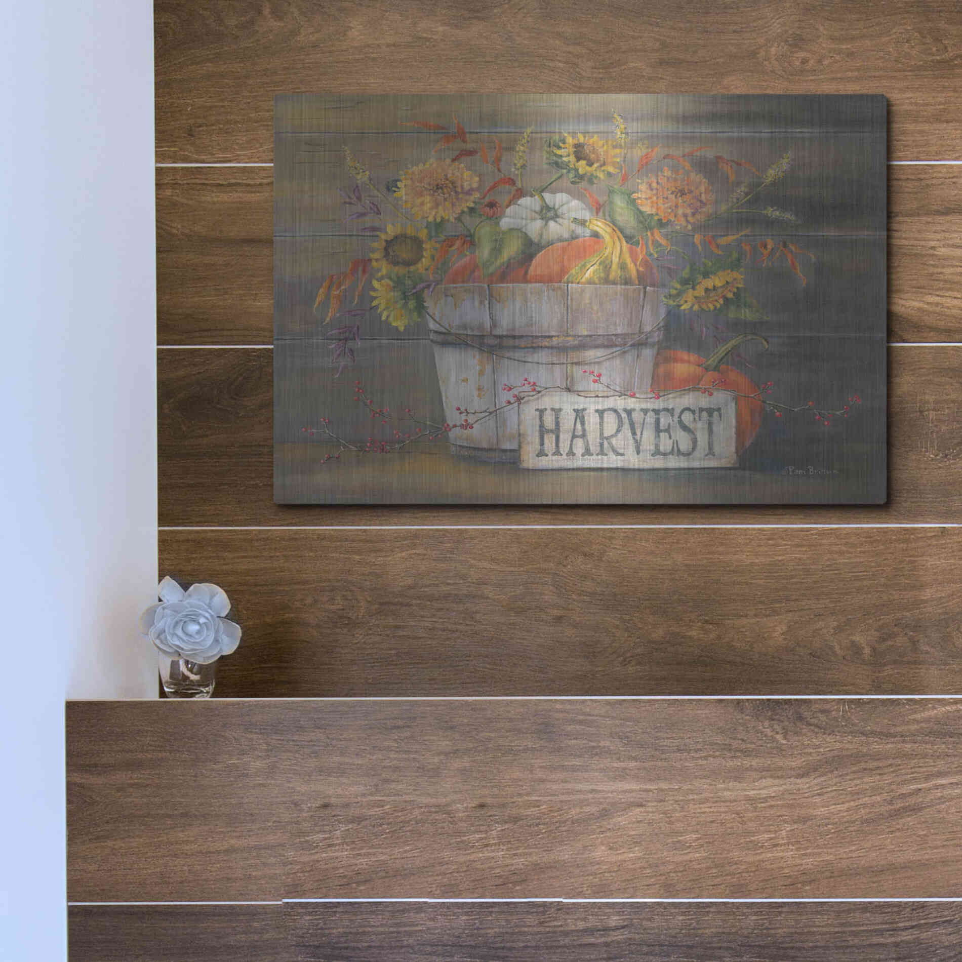 Luxe Metal Art 'Fall Harvest Bucket' by Pam Britton, Metal Wall Art,16x12