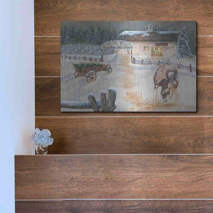 Luxe Metal Art 'White Barn Tree Farm' by Pam Britton, Metal Wall Art,16x12