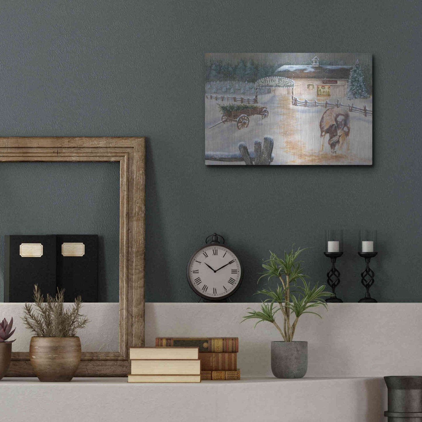 Luxe Metal Art 'White Barn Tree Farm' by Pam Britton, Metal Wall Art,16x12