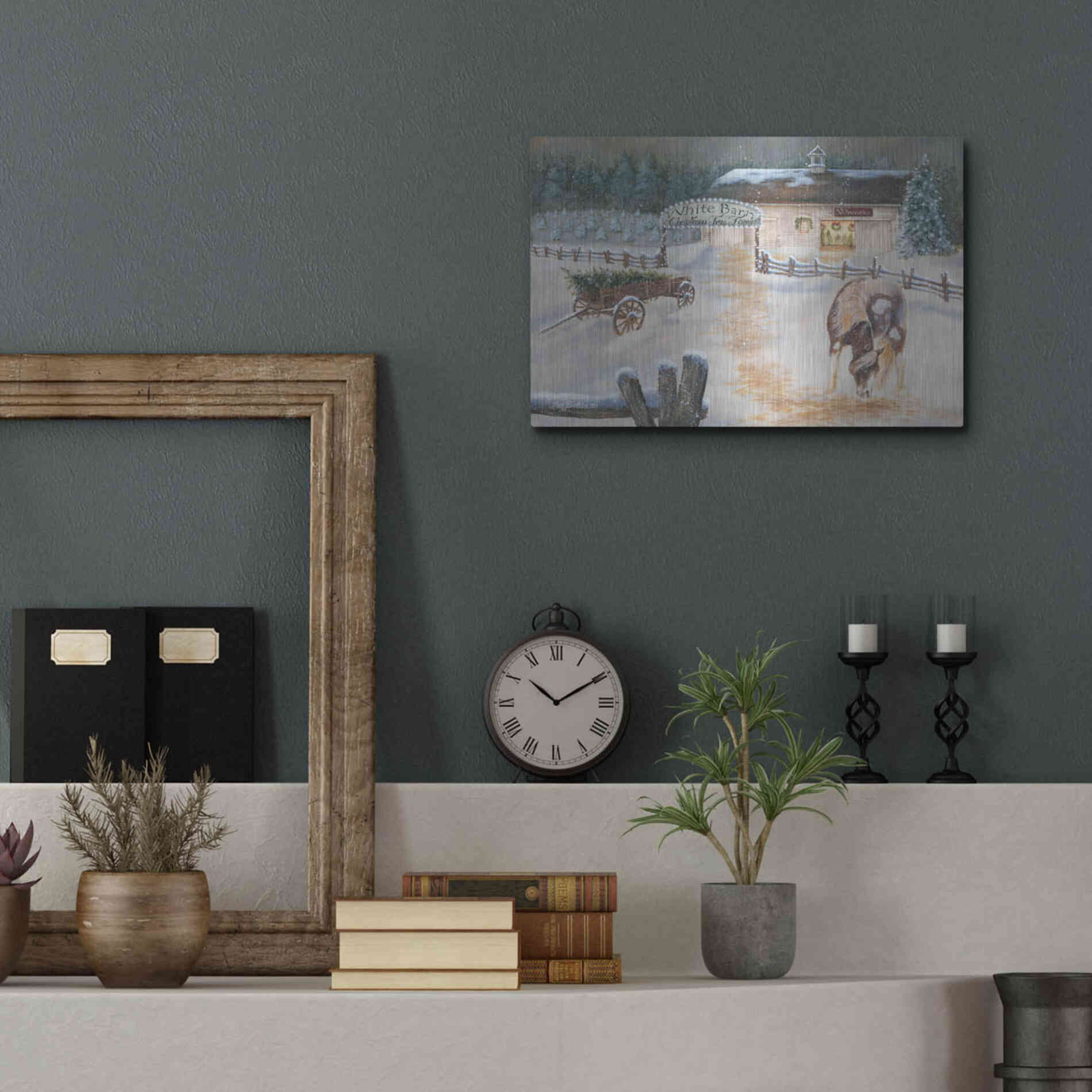 Luxe Metal Art 'White Barn Tree Farm' by Pam Britton, Metal Wall Art,16x12