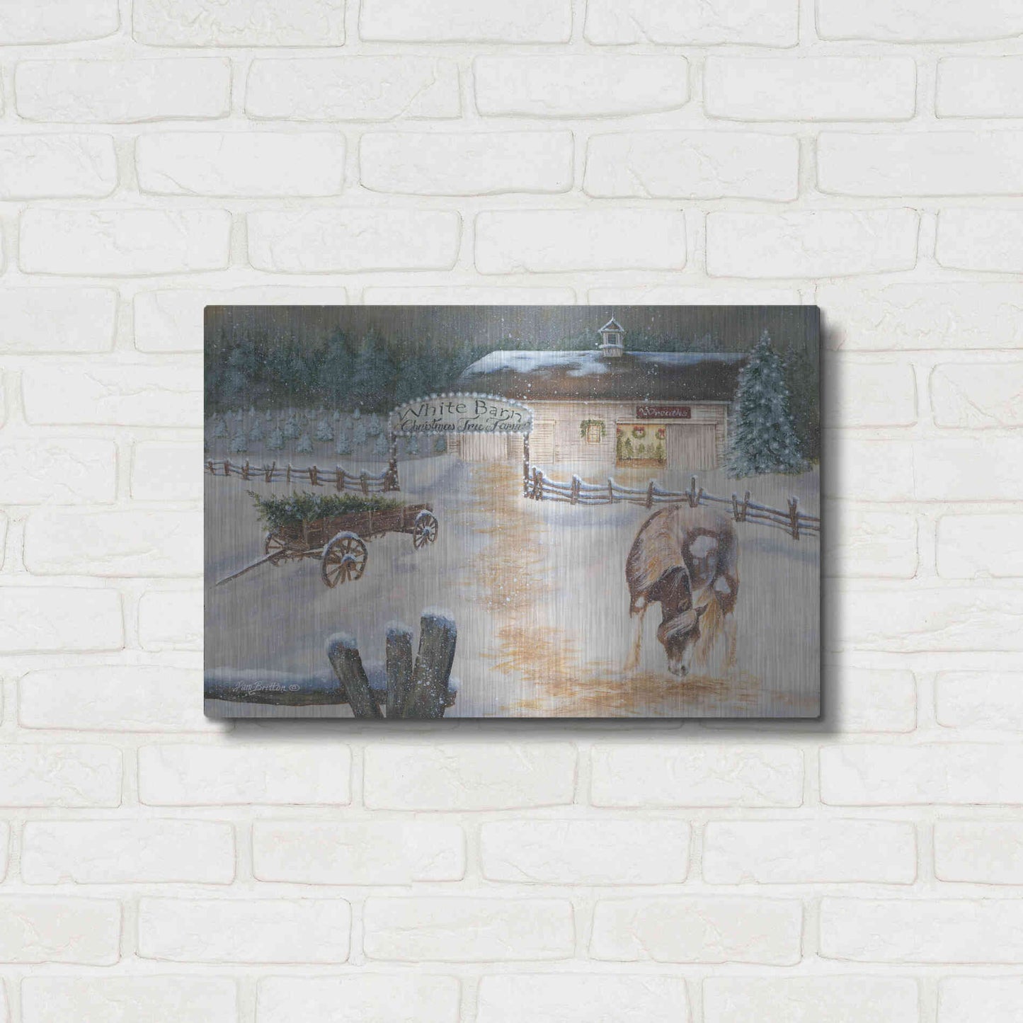 Luxe Metal Art 'White Barn Tree Farm' by Pam Britton, Metal Wall Art,24x16