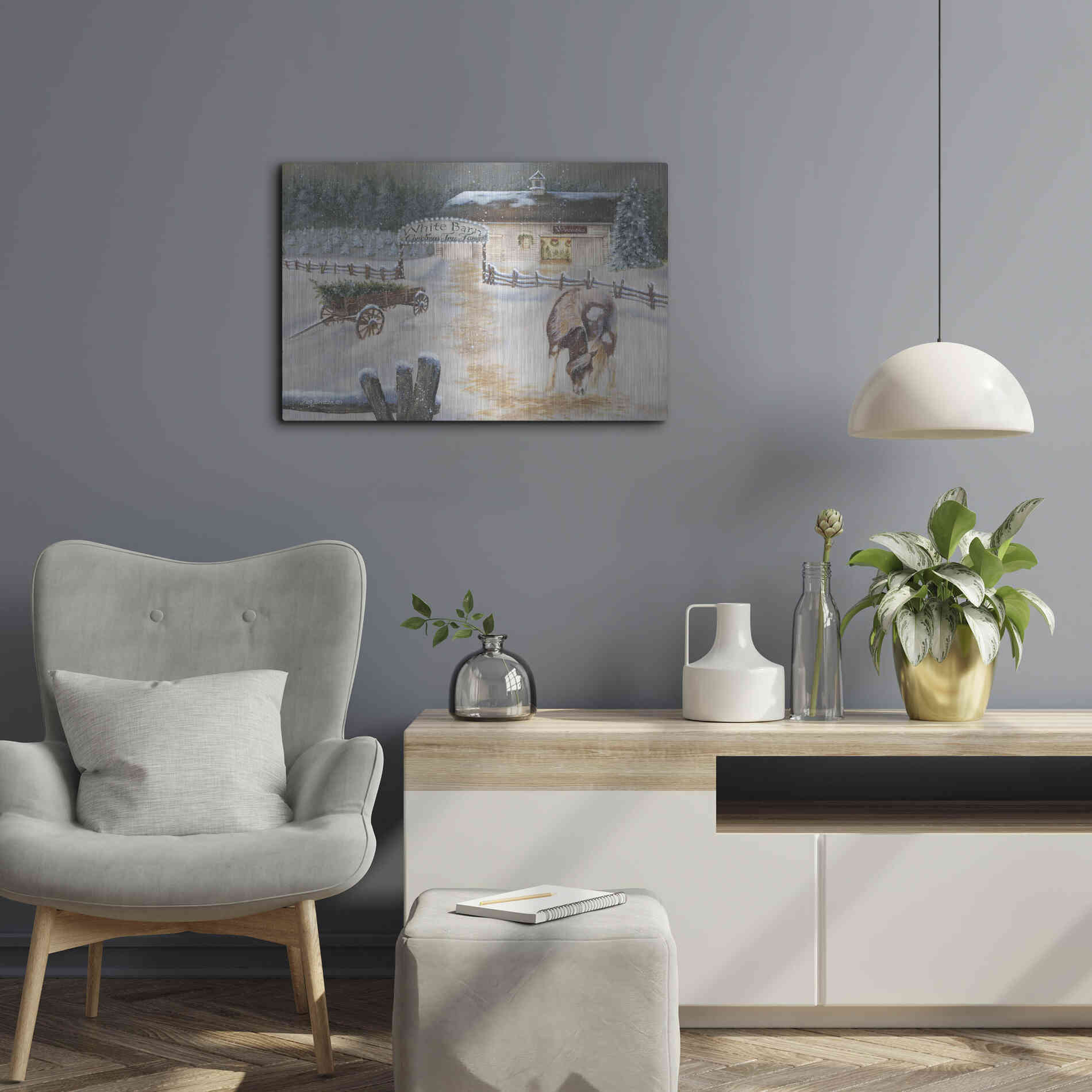 Luxe Metal Art 'White Barn Tree Farm' by Pam Britton, Metal Wall Art,24x16