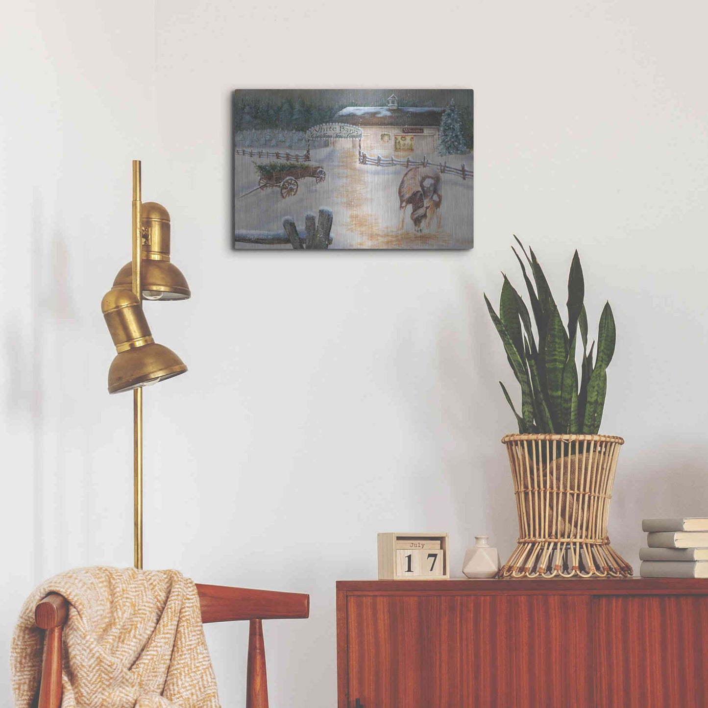 Luxe Metal Art 'White Barn Tree Farm' by Pam Britton, Metal Wall Art,24x16