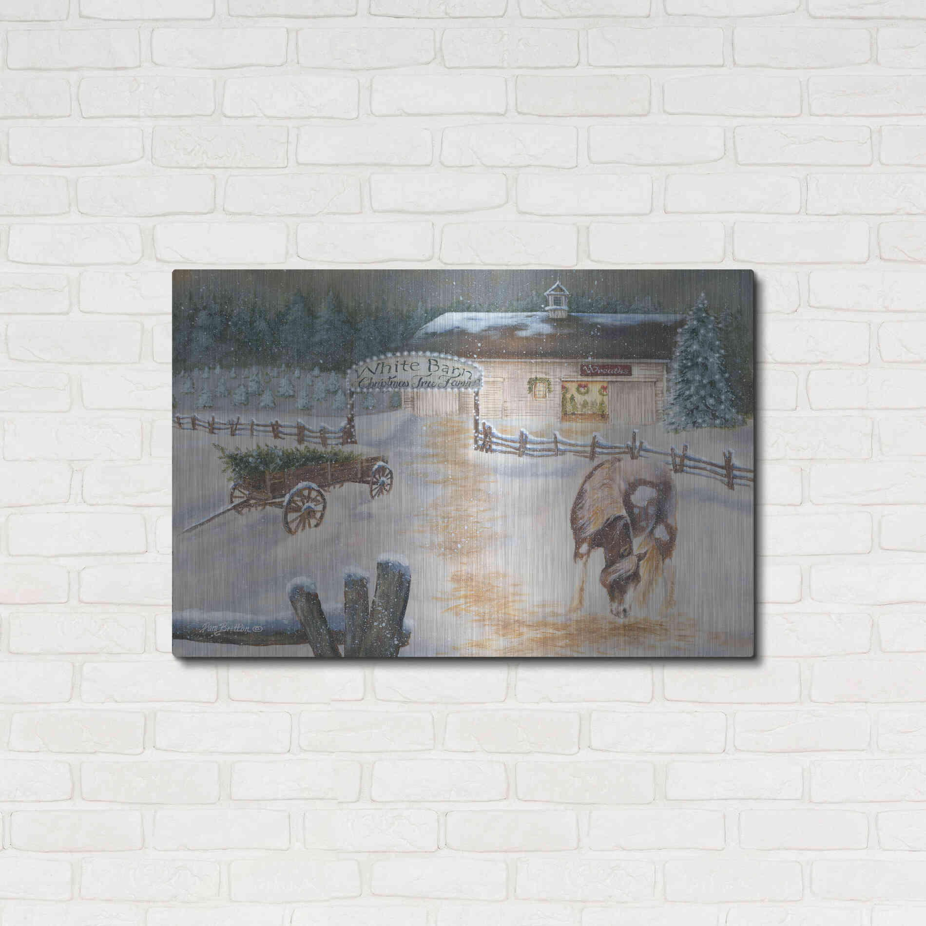 Luxe Metal Art 'White Barn Tree Farm' by Pam Britton, Metal Wall Art,36x24