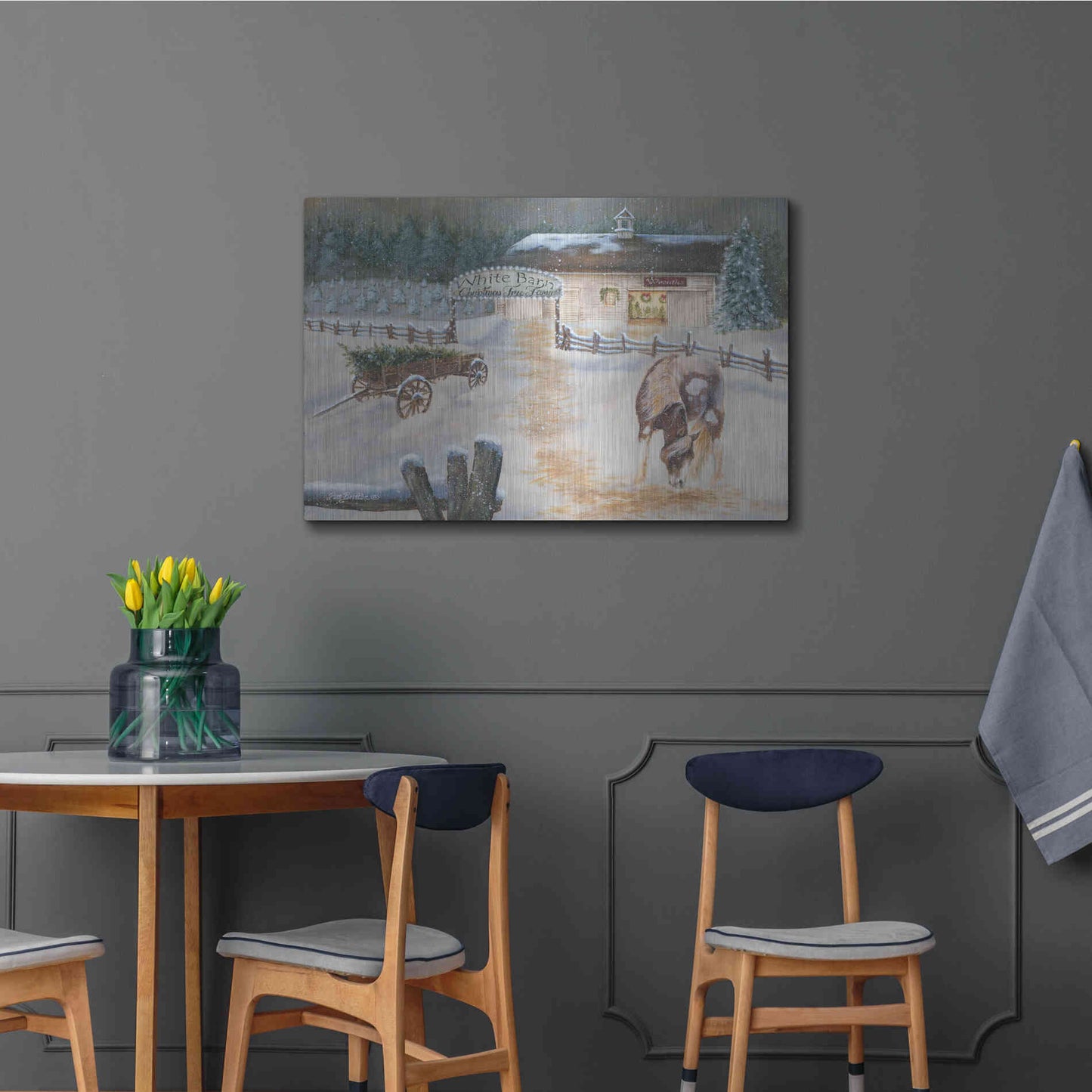 Luxe Metal Art 'White Barn Tree Farm' by Pam Britton, Metal Wall Art,36x24