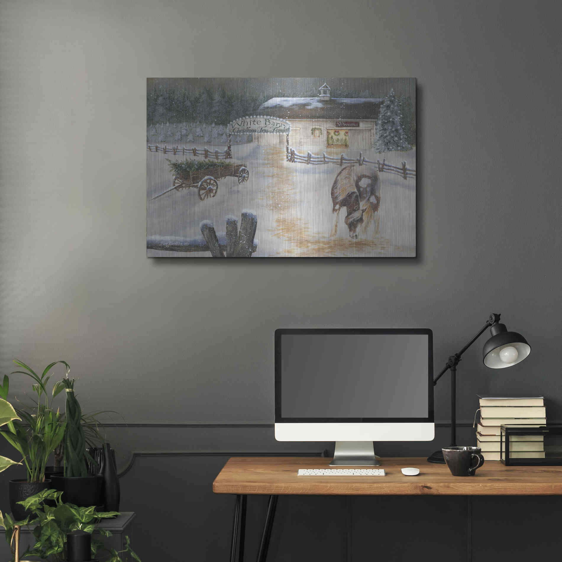 Luxe Metal Art 'White Barn Tree Farm' by Pam Britton, Metal Wall Art,36x24