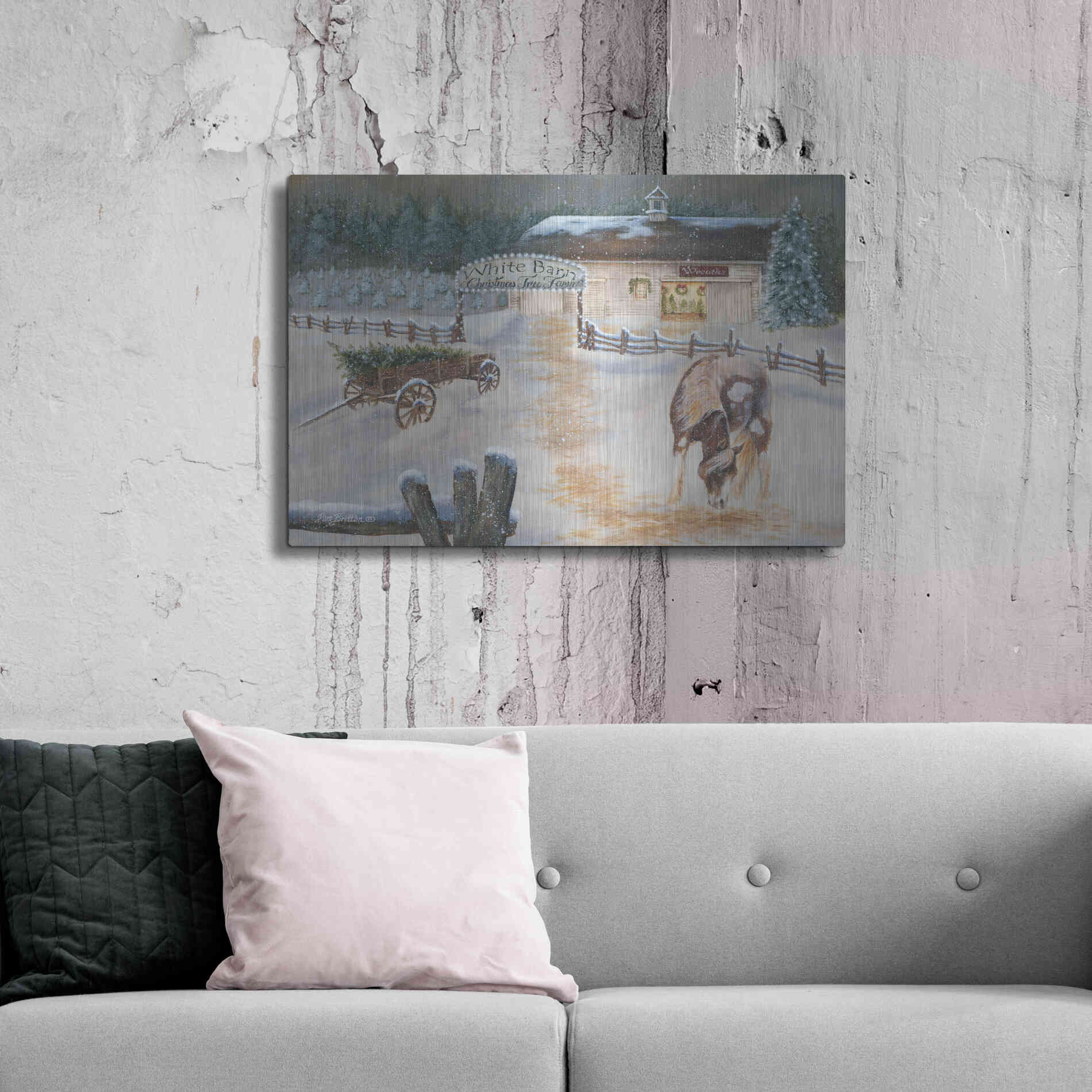 Luxe Metal Art 'White Barn Tree Farm' by Pam Britton, Metal Wall Art,36x24