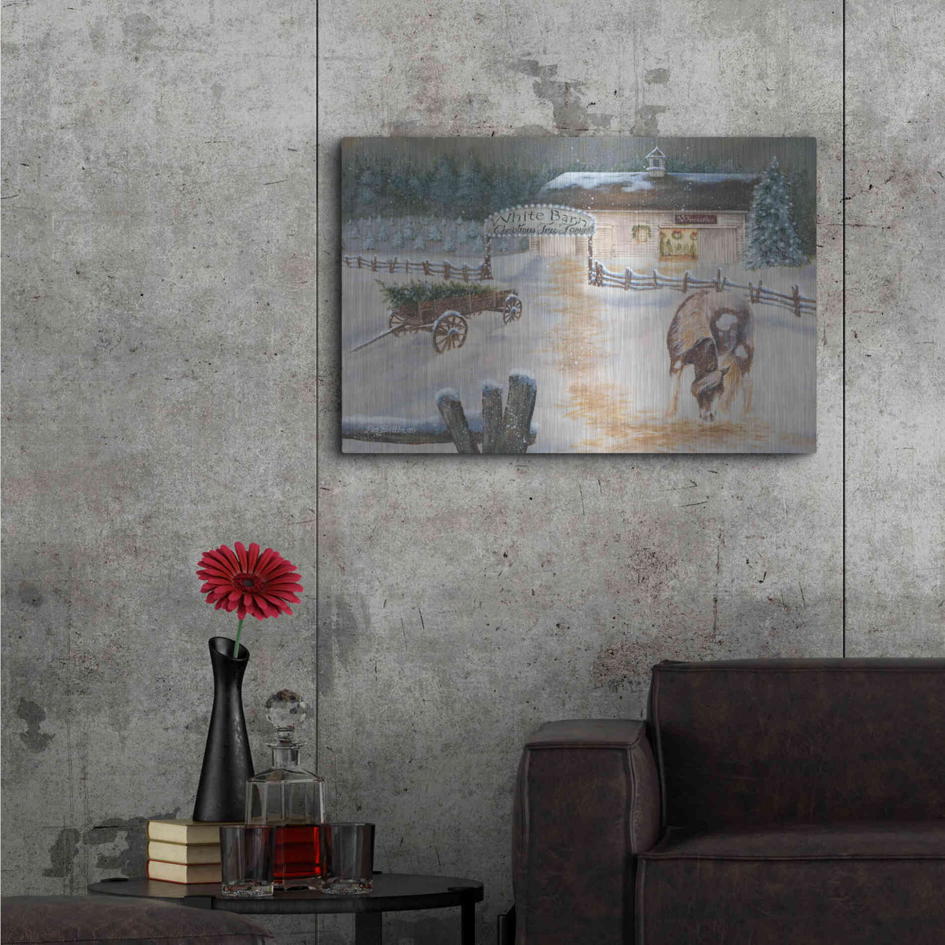 Luxe Metal Art 'White Barn Tree Farm' by Pam Britton, Metal Wall Art,36x24