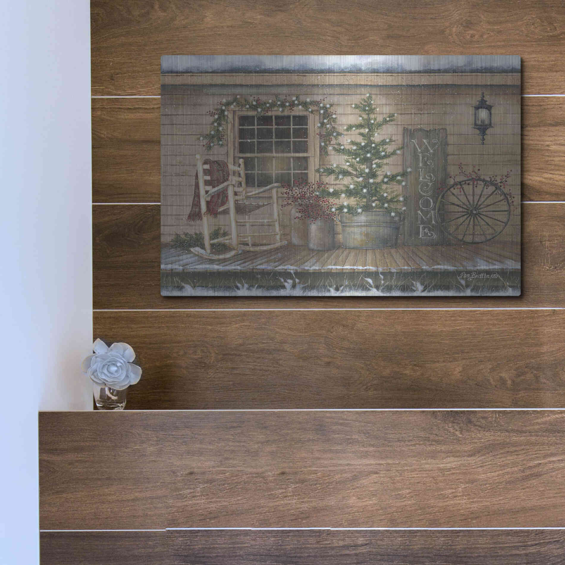 Luxe Metal Art 'Winter Country Porch' by Pam Britton, Metal Wall Art,16x12