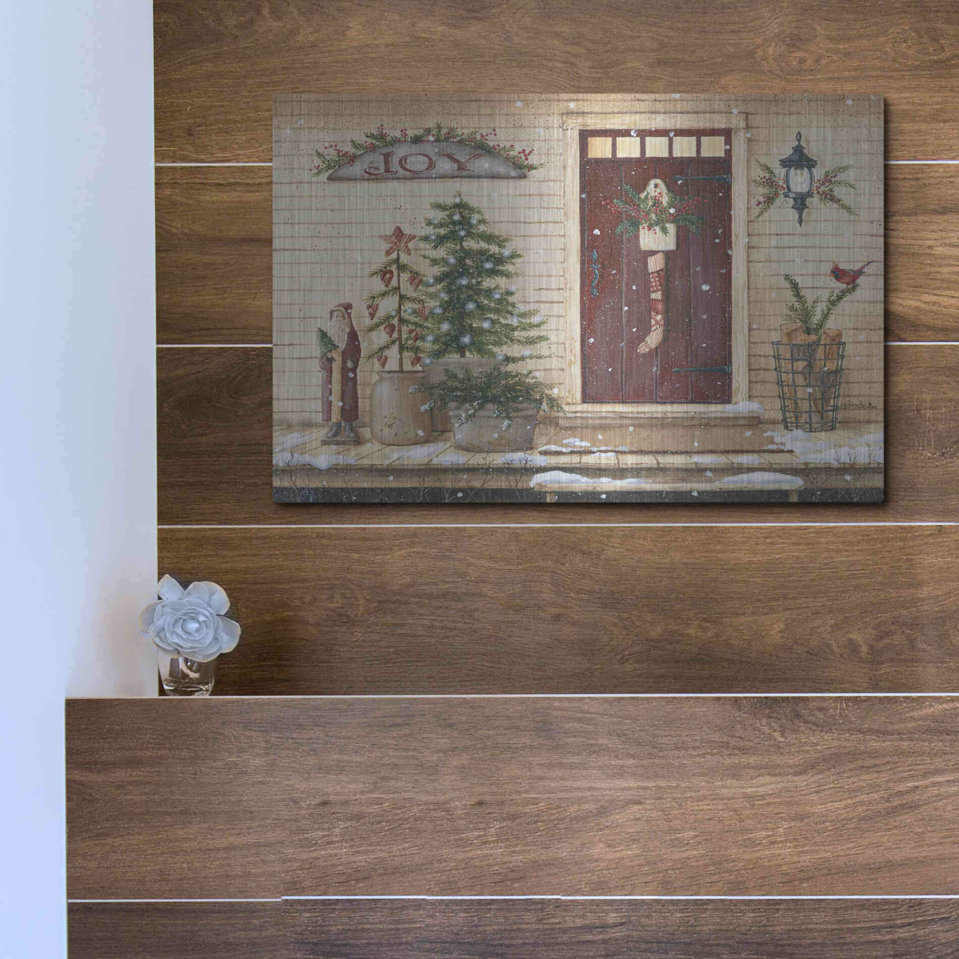 Luxe Metal Art 'Folk Art Santa Porch' by Pam Britton, Metal Wall Art,16x12