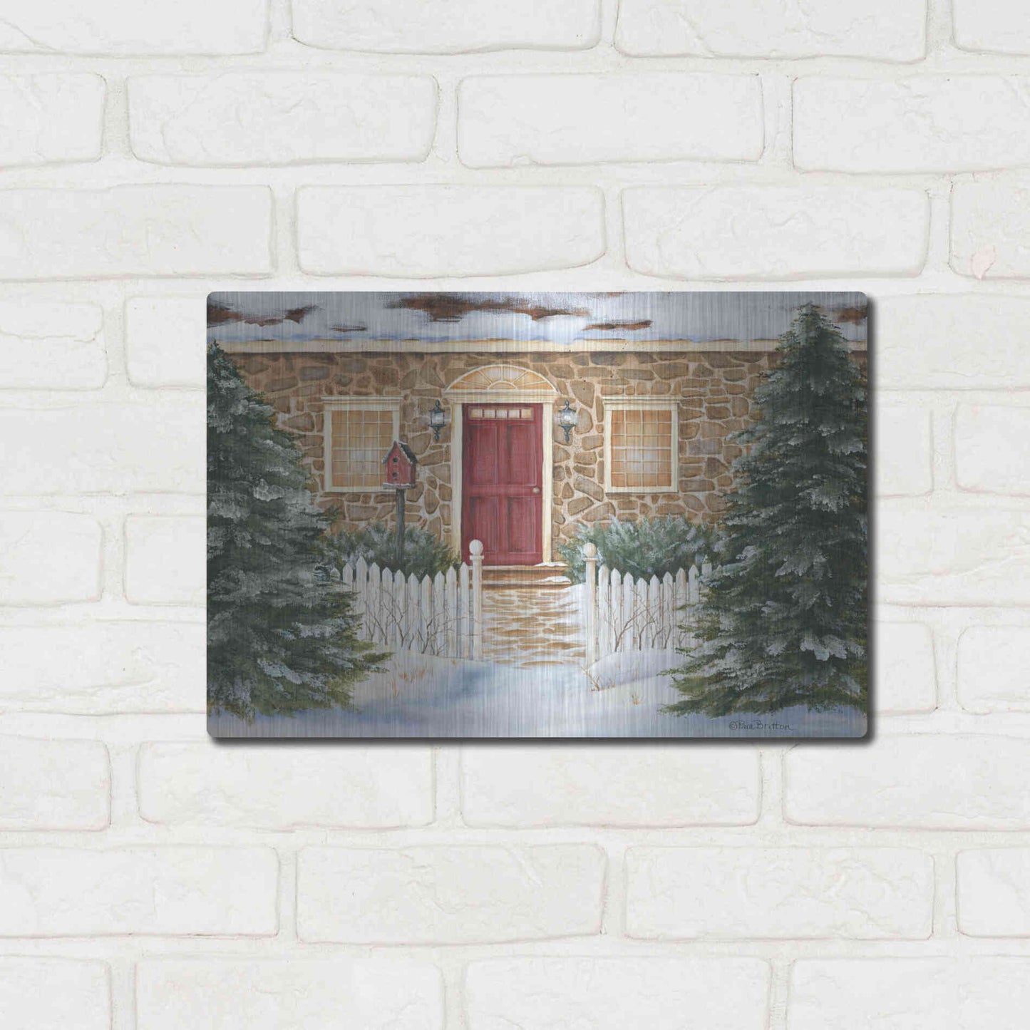 Luxe Metal Art 'Stone Cottage Winter Beauty' by Pam Britton, Metal Wall Art,16x12