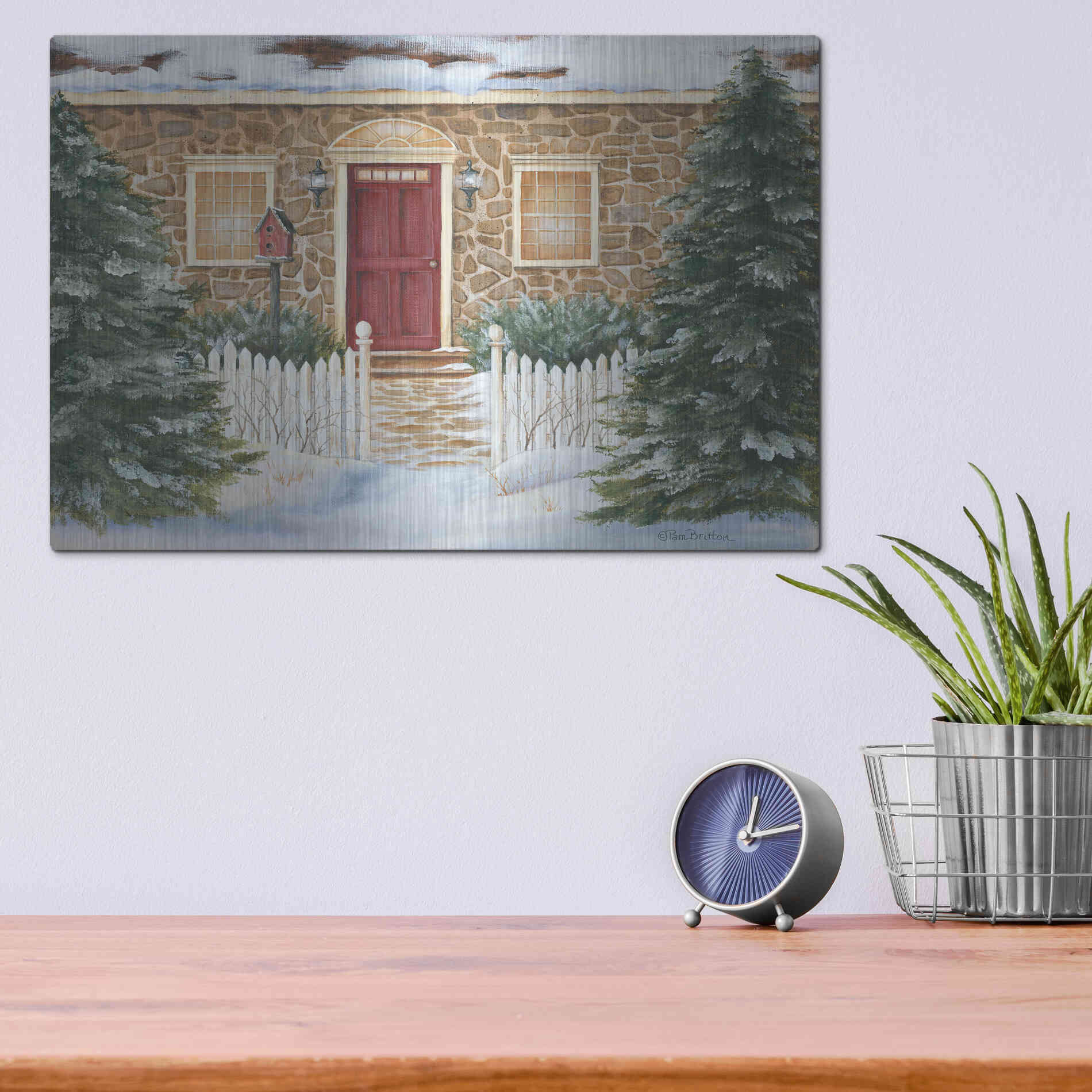 Luxe Metal Art 'Stone Cottage Winter Beauty' by Pam Britton, Metal Wall Art,16x12