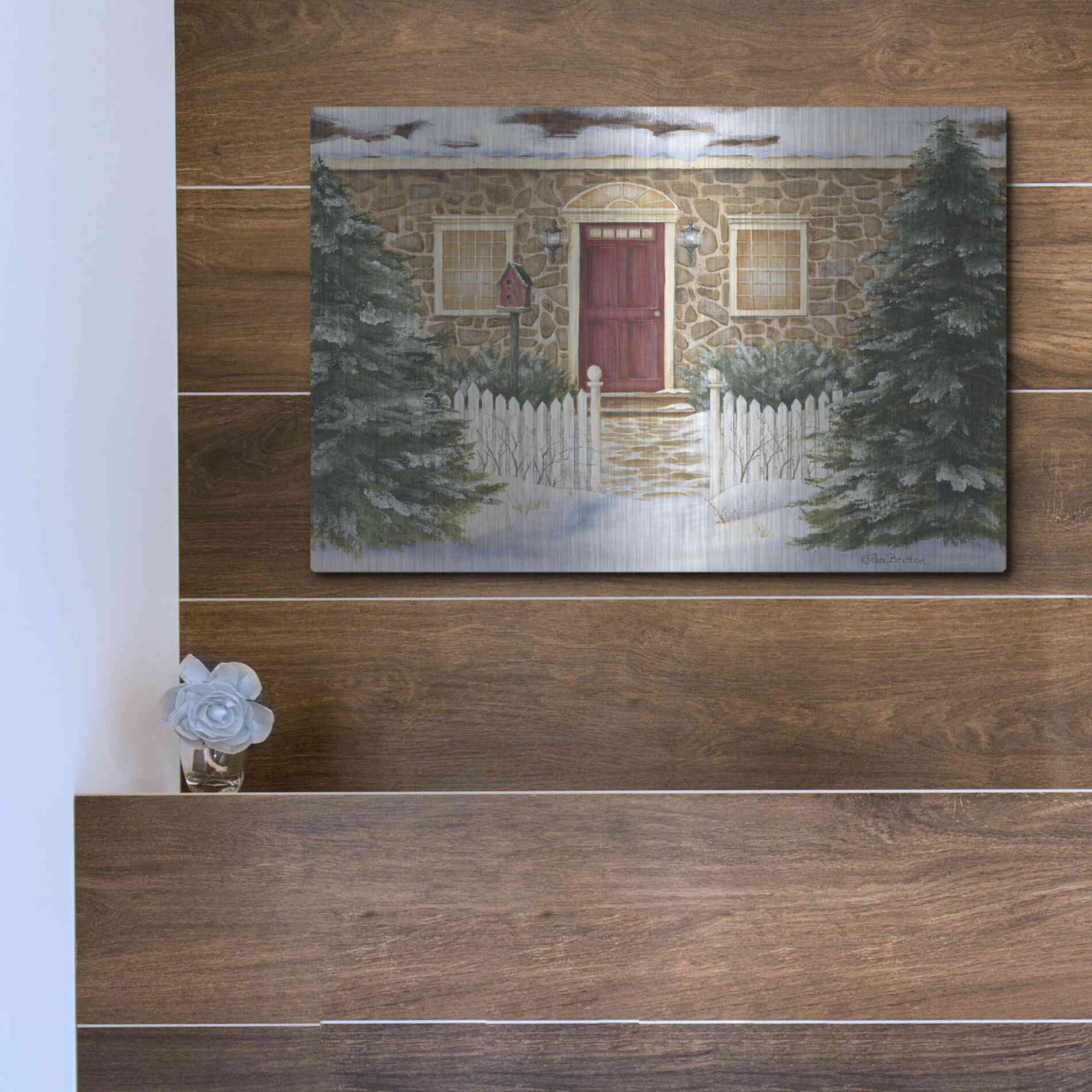 Luxe Metal Art 'Stone Cottage Winter Beauty' by Pam Britton, Metal Wall Art,16x12