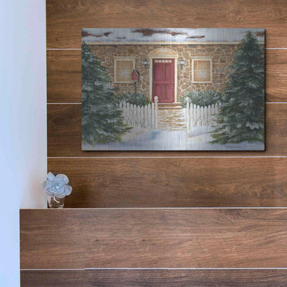 Luxe Metal Art 'Stone Cottage Winter Beauty' by Pam Britton, Metal Wall Art,16x12