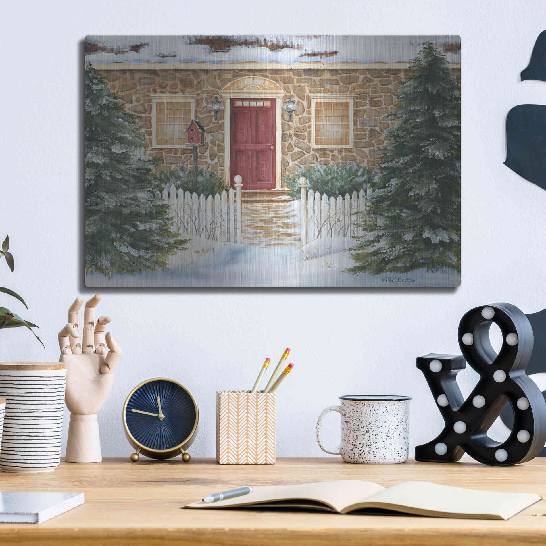 Luxe Metal Art 'Stone Cottage Winter Beauty' by Pam Britton, Metal Wall Art,16x12